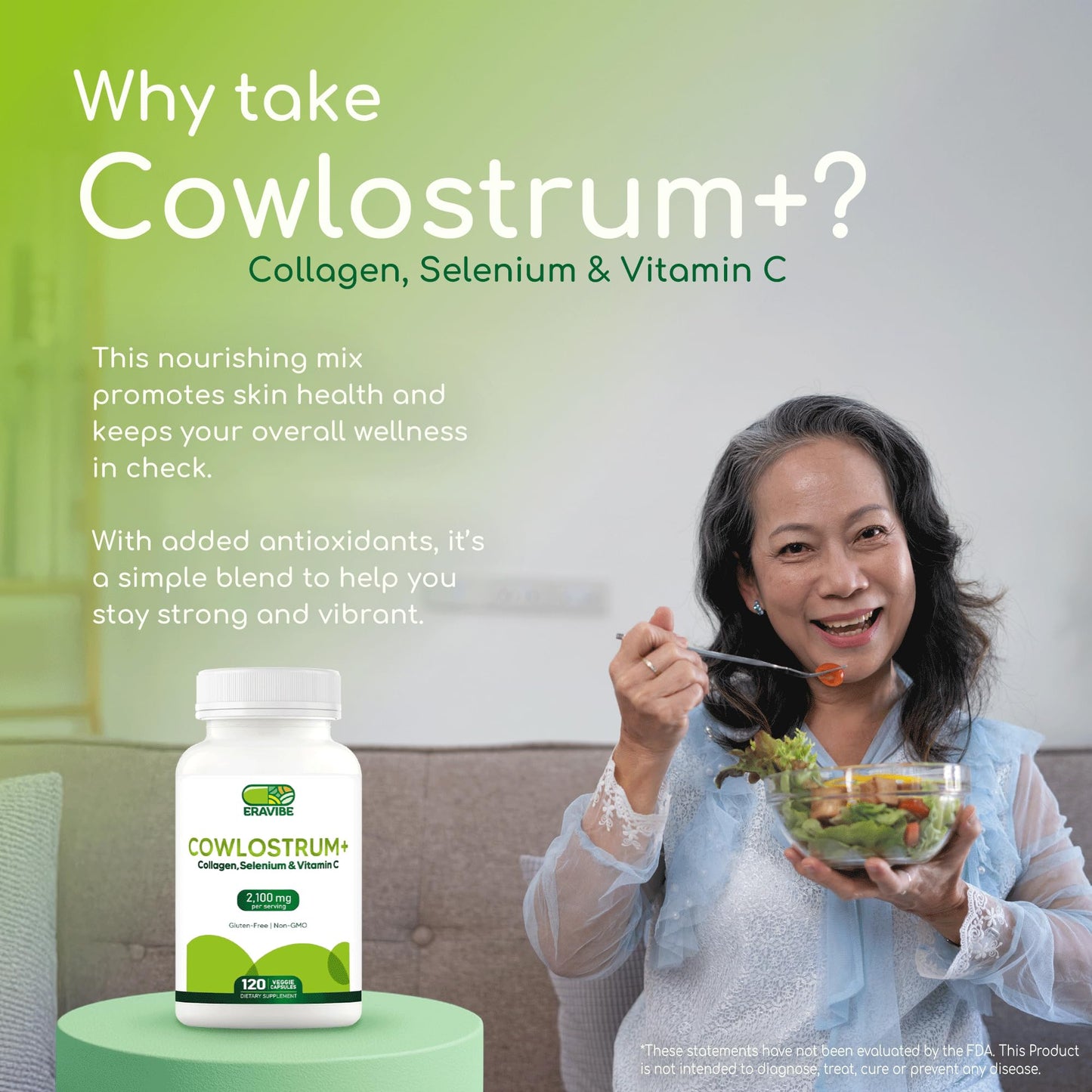 ERAVIBE Colostrum 4-in-1 Supplement Capsules with Collagen, Selenium & Vitamin C, 2100mg, 120 Count