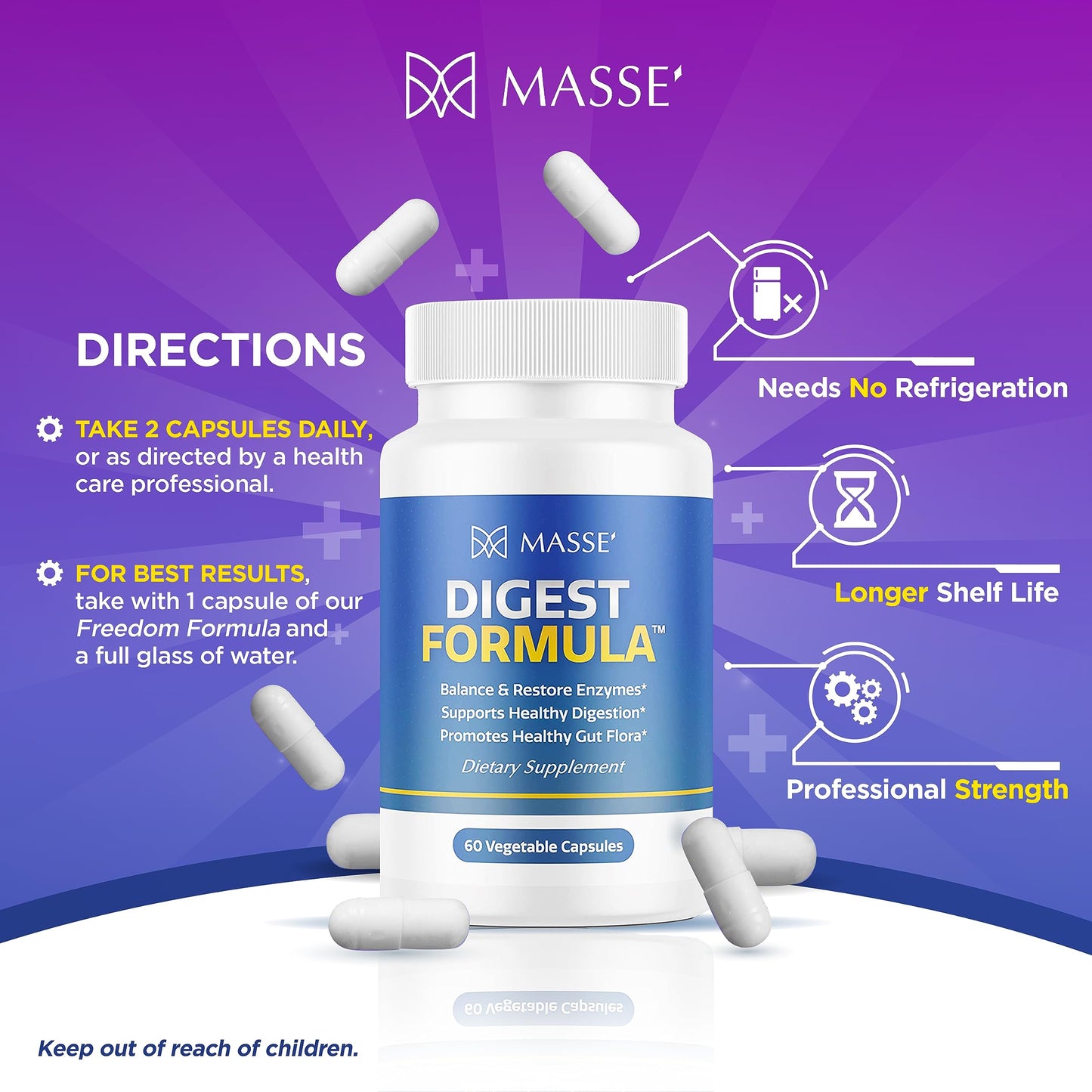 MASSE' Digest Formula Supplement Enzyme Boost Capsules 60 Count