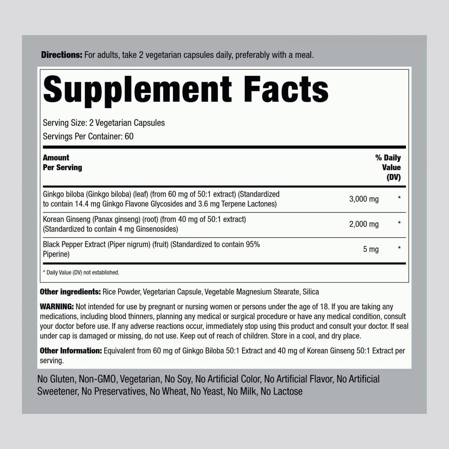 Piping Rock Panax Ginseng & Ginkgo Biloba Supplement 120 Capsules
