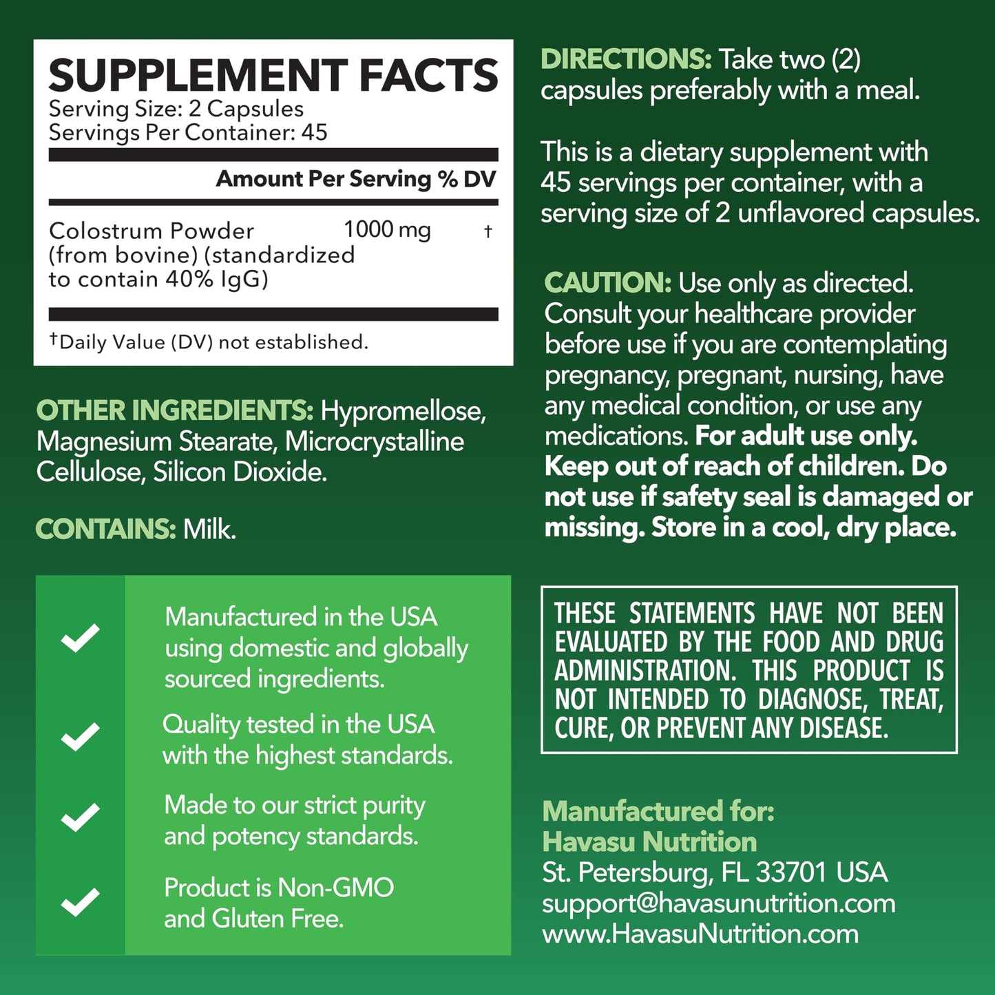 HAVASU NUTRITION Grass Fed Colostrum Supplement for Immune and Gut Health - 1000mg Bovine Colostrum per Serving with 40% IgG, 90 Capsules