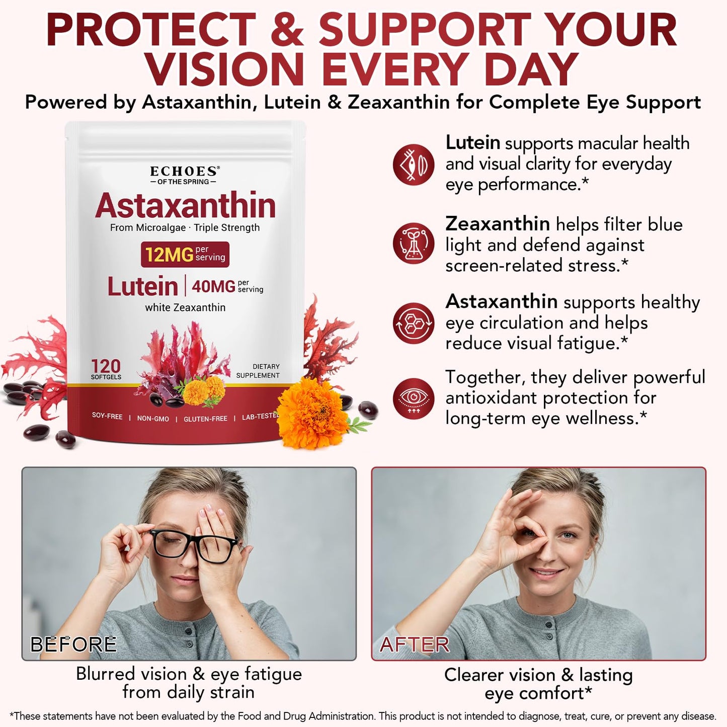 Echoes of the spring Astaxanthin 12mg & Lutein 40mg with Zeaxanthin Softgels, 120 Count