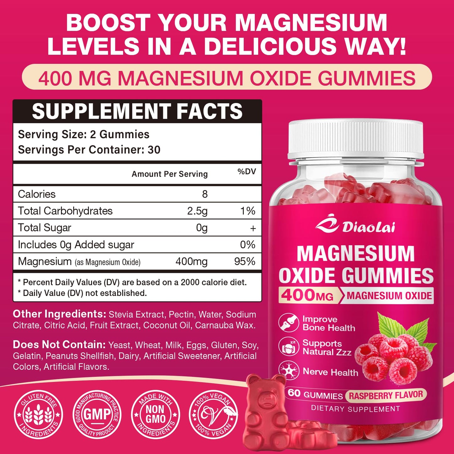 DIAOLAI Magnesium Oxide Gummies 400mg for Nerve & Muscle Support, Chewable Raspberry Flavor, Sugar-Free, Non-GMO, 120 Count