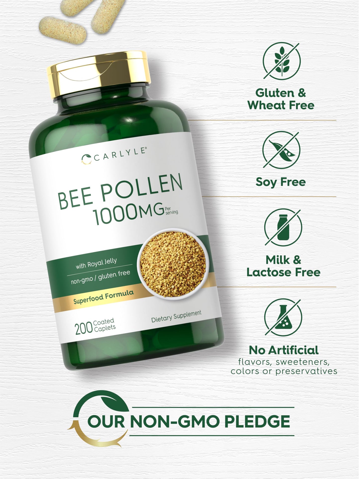 Carlyle Bee Pollen Supplement 1000mg Caplets 200