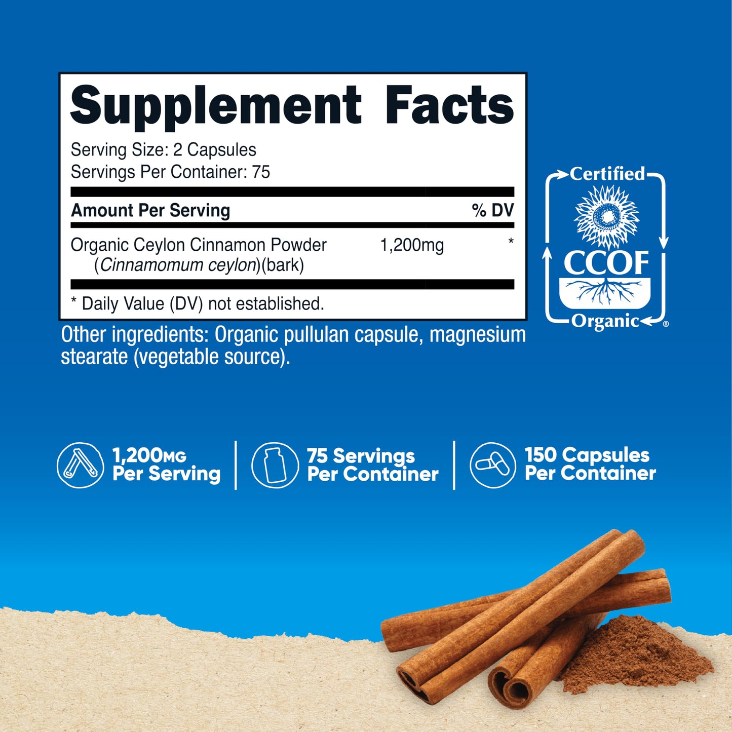 Nutricost Cinnamon (Ceylon Cinnamon) 1,200mg Serving, 150 Capsules