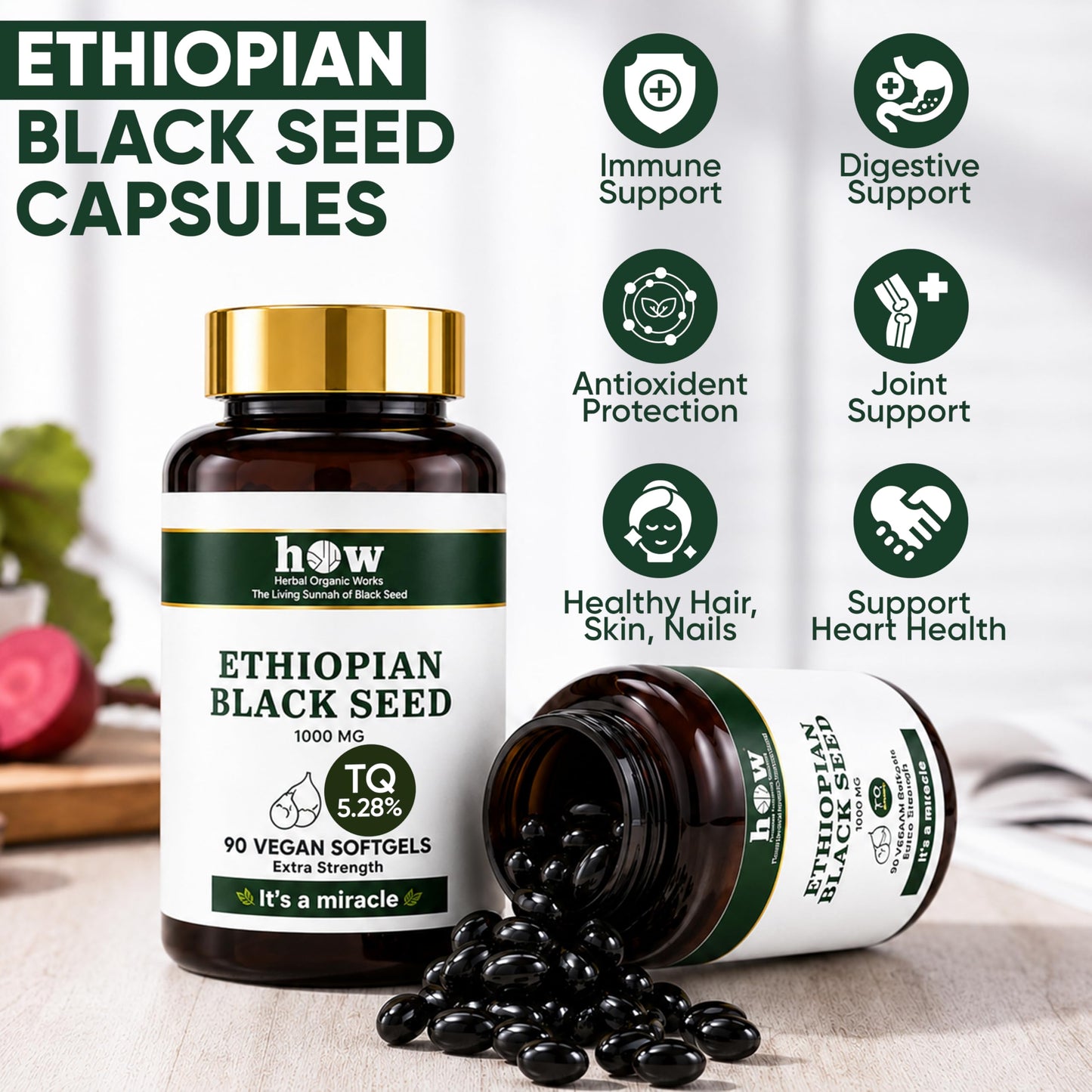 Herbal Organic Works Ethiopian Black Seed Oil Softgels 1000mg 5.28% TQ Cold Pressed, 90 Softgels