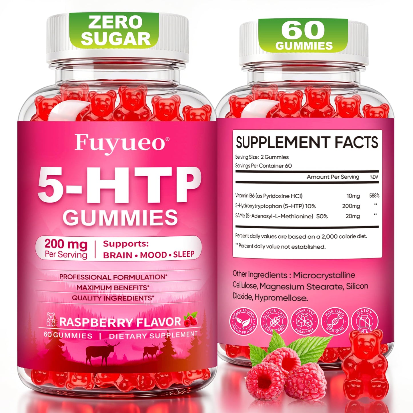 FUYUEO 5-HTP 200mg withSame & Vitamin B6, 60 Gummies