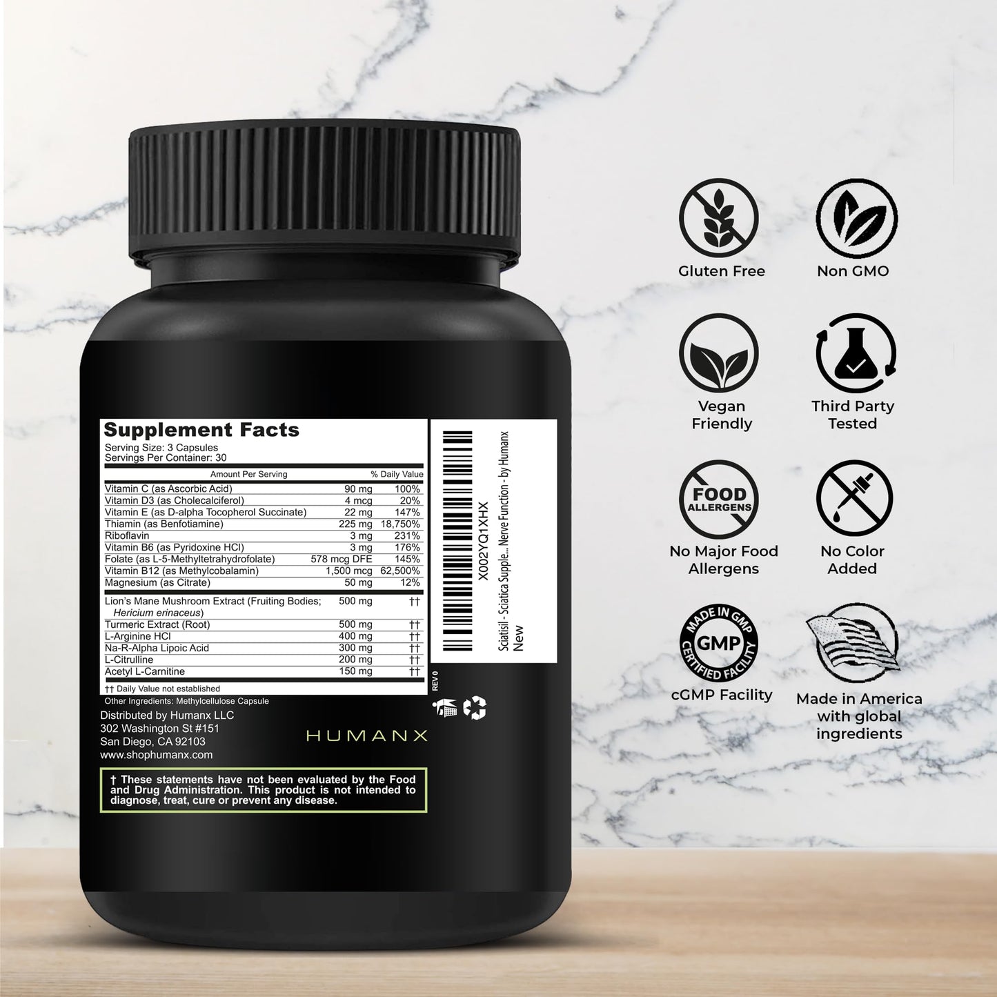 HUMANX Sciatica Focused Formula Nerve Support Supplement with Stabilized R-Lipoic Acid for Extra Strength Sciatisil Capsules 90