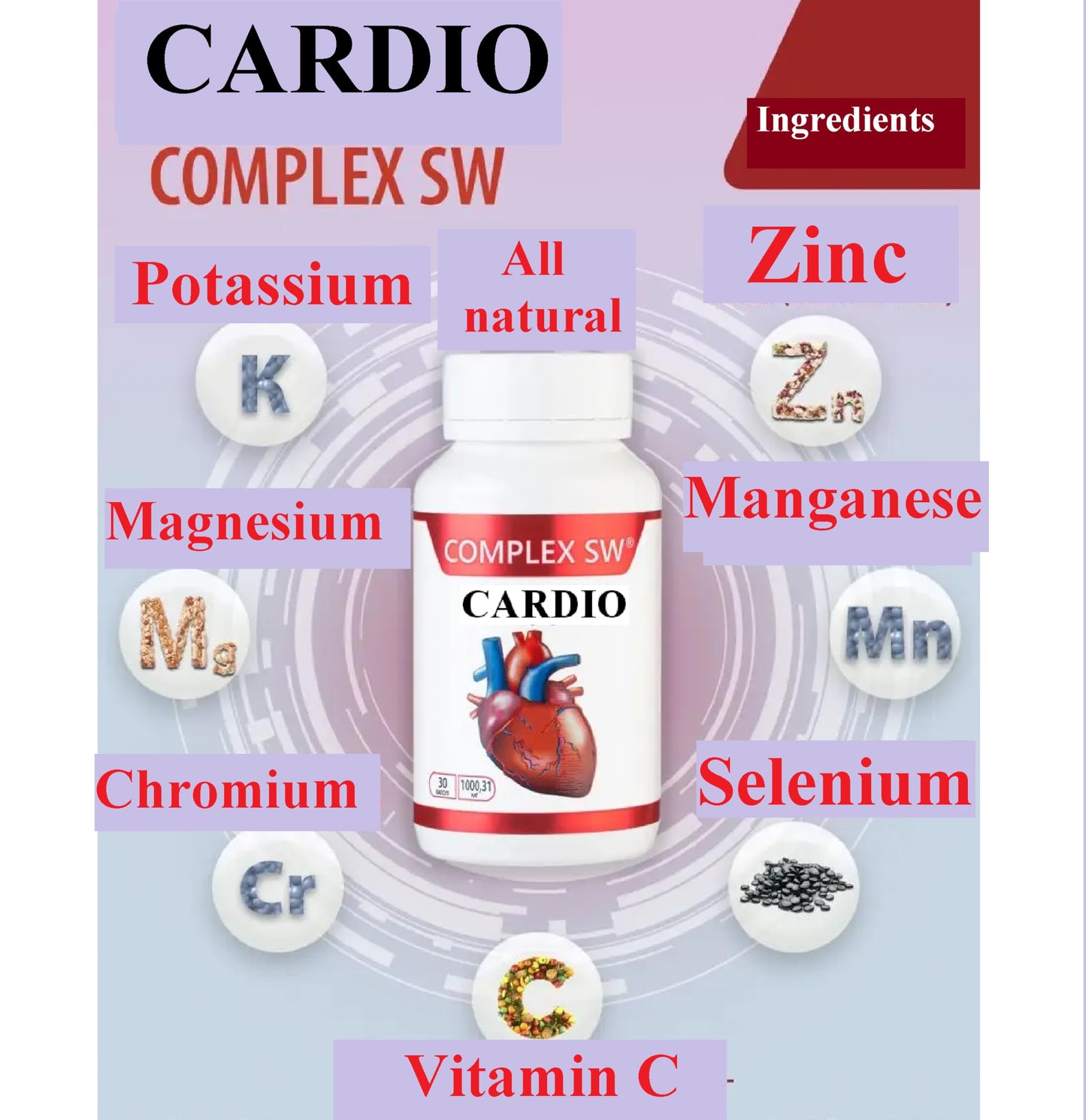 GENERIC Cardio Heart Health Supplements for Healthy Blood Circulation & Blood Pressure Support with Potassium, Magnesium, Chromium, Zinc, Manganese, Selenium 30 Capsules