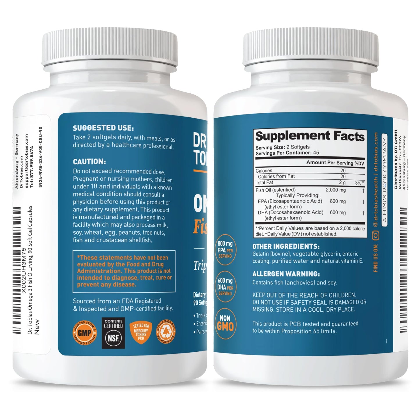 Dr. Tobias Omega 3 Fish Oil 2000mg Triple Strength with 800mg EPA 600mg DHA Per Serving Softgel, 90 Count