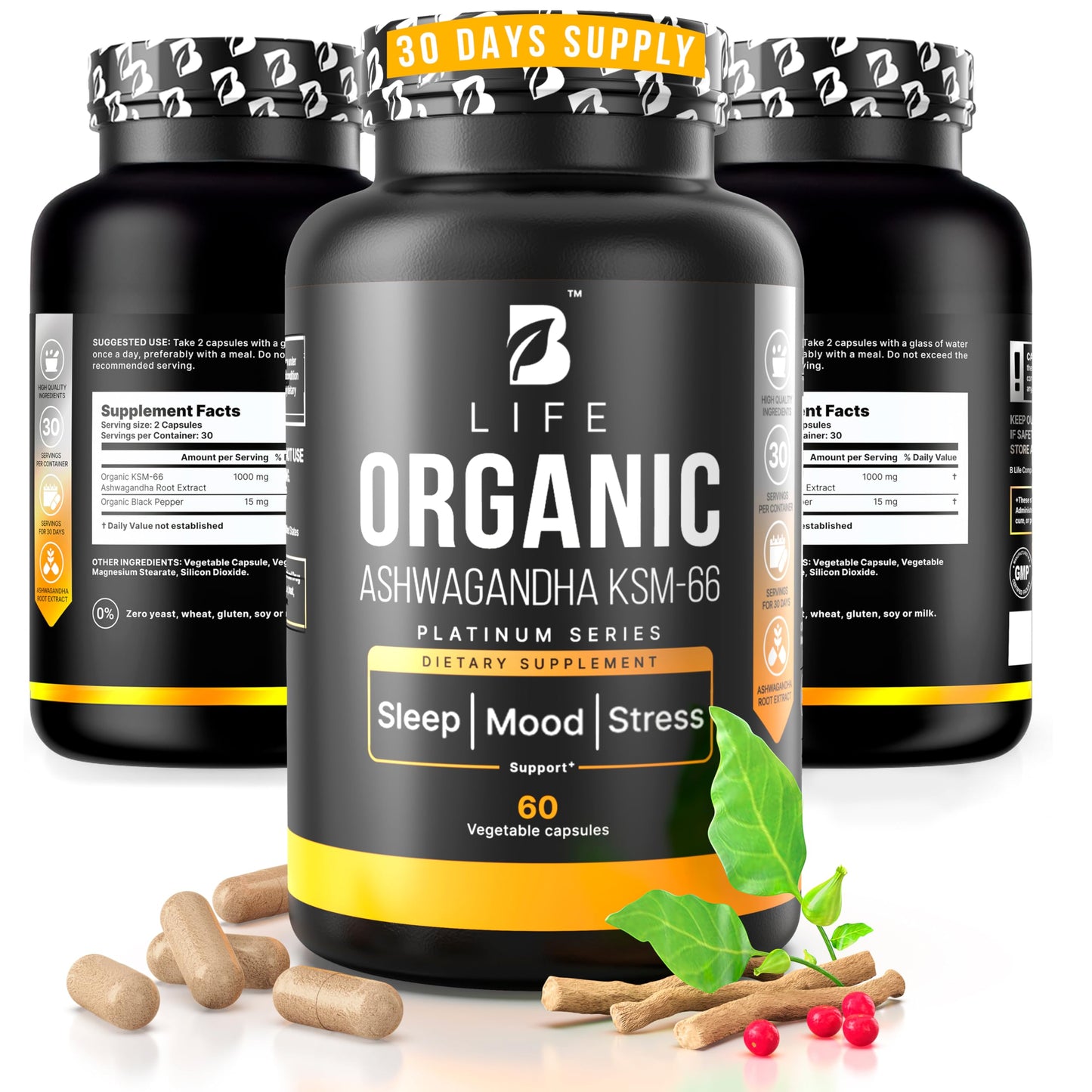 B Life Company Organic Ashwagandha KSM-66 1000 mg Capsule, 60 Count