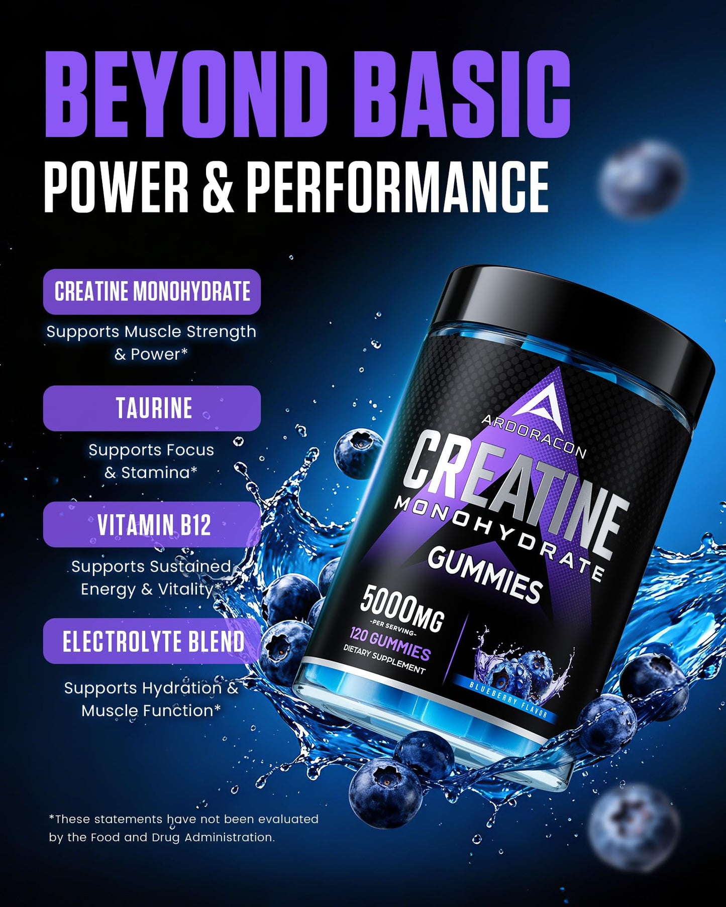 ARDORACON NSF Certified Creatine Gummies 6-in-1 with Taurine + Electrolytes, 110 Count