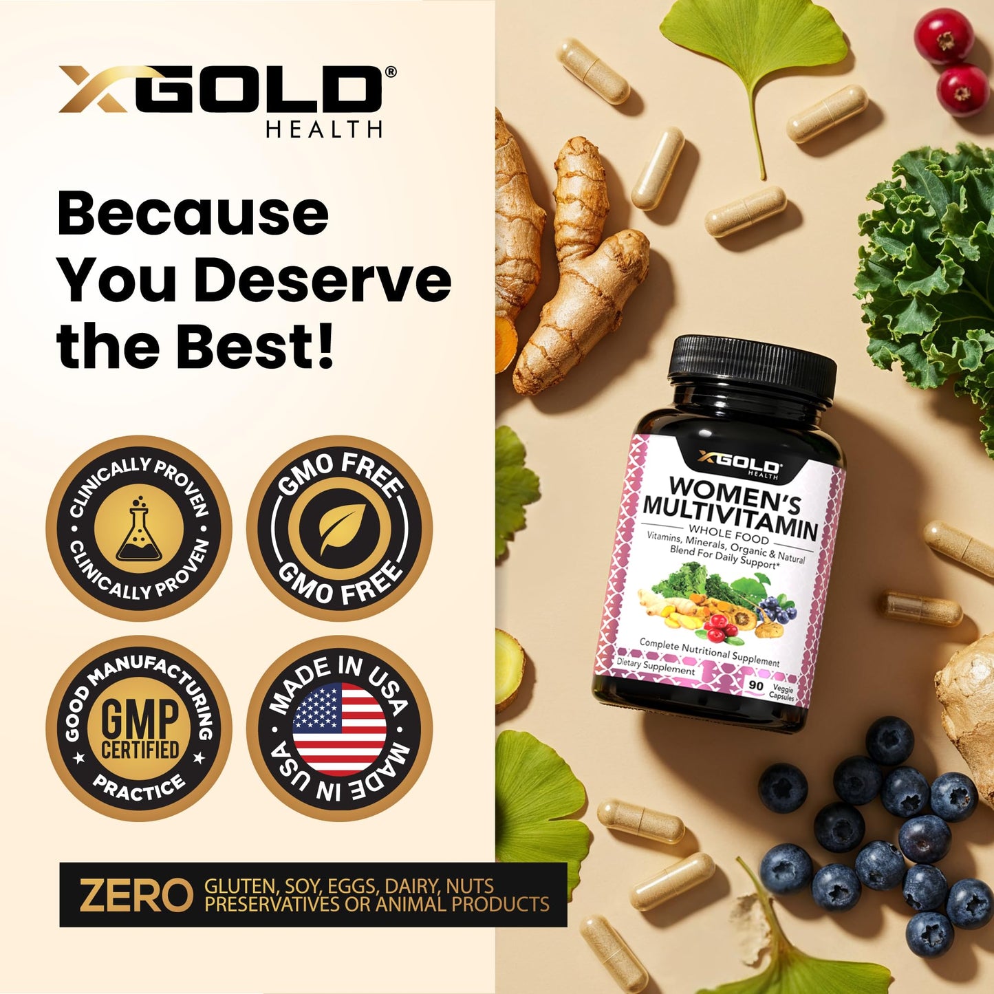 X Gold Health Vegan Women's Daily Multivitamin 50 Plus Organic WholeFood 90 Capsules
