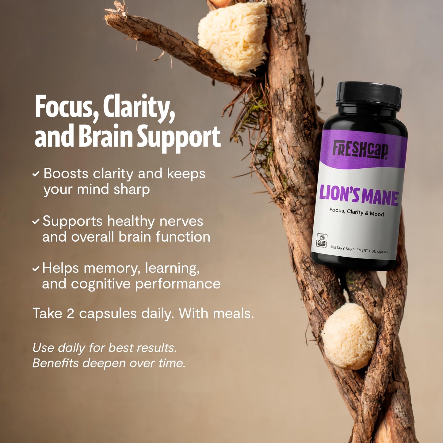 FreshCap Mushrooms Premium Organic Lions Mane Capsules 14:1 Fruiting Body Extract with 31% Beta-Glucans, 120 Capsules
