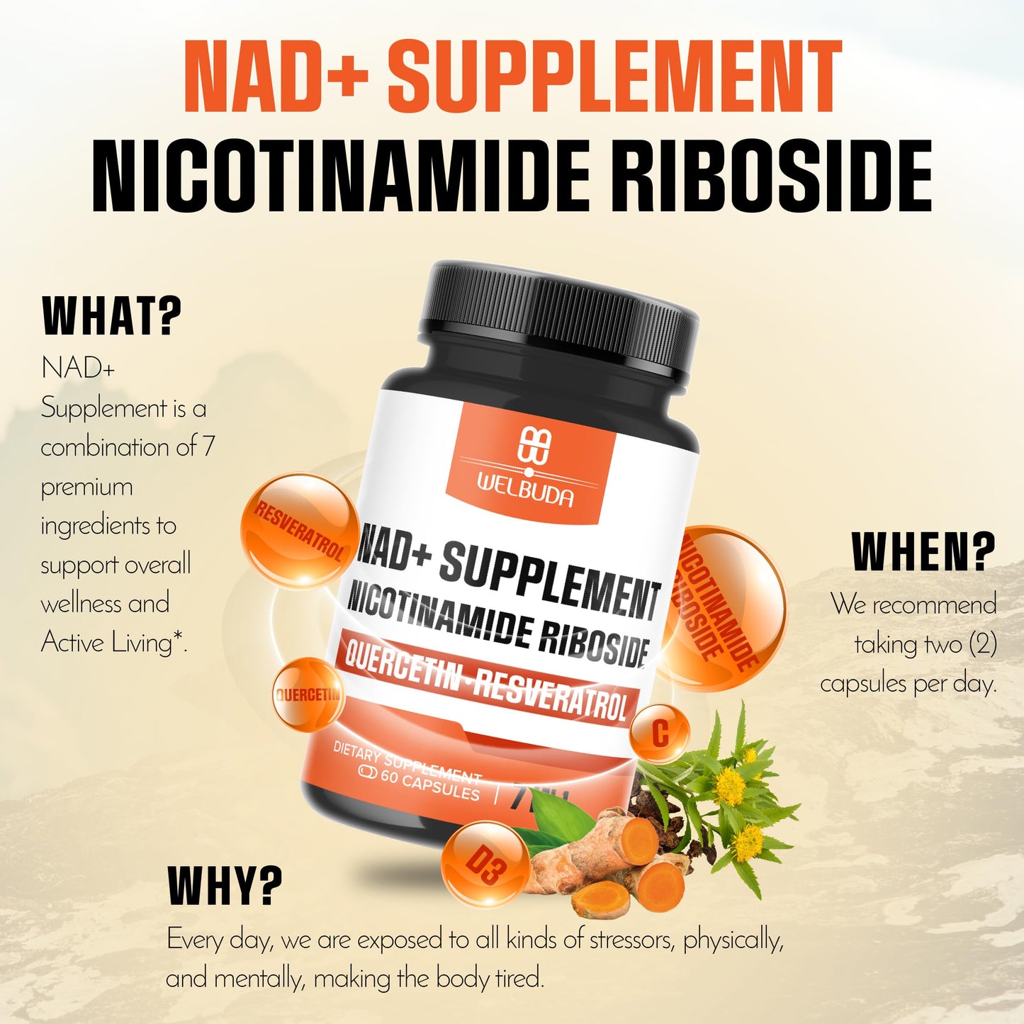 WELBUDA NAD+ Supplement with Nicotinamide Riboside 60 Capsules