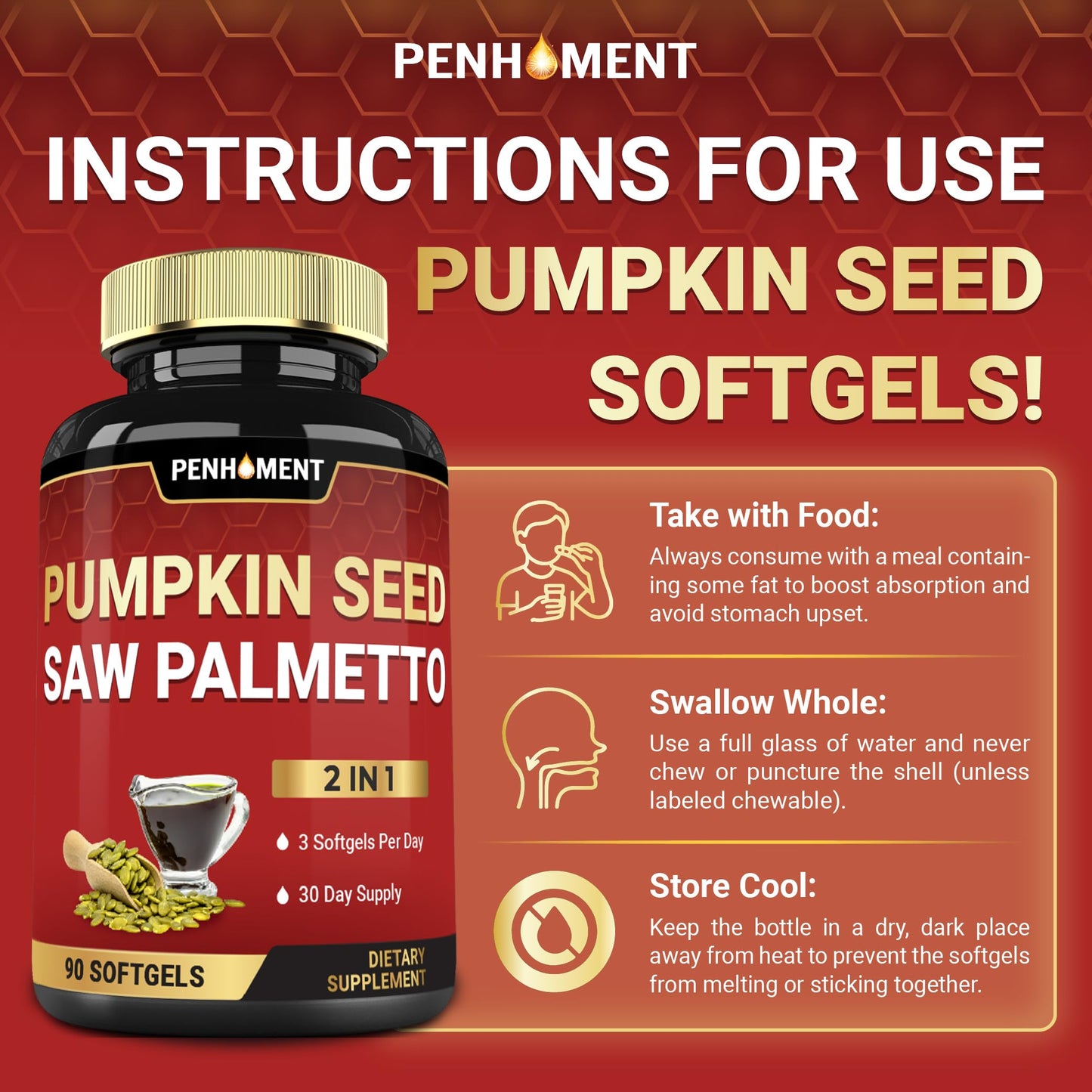 Penhoment 3150mg Pumpkin Seed Oil with Saw Palmetto for Hair Growth Softgels, 90 Count