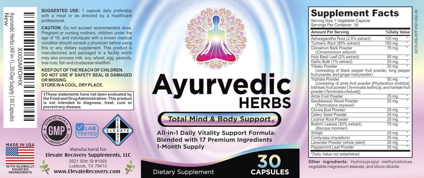 Elevate Recovery Supplements Ayurvedic Herbs 17-in-1 Supplement Capsule, 30 Count
