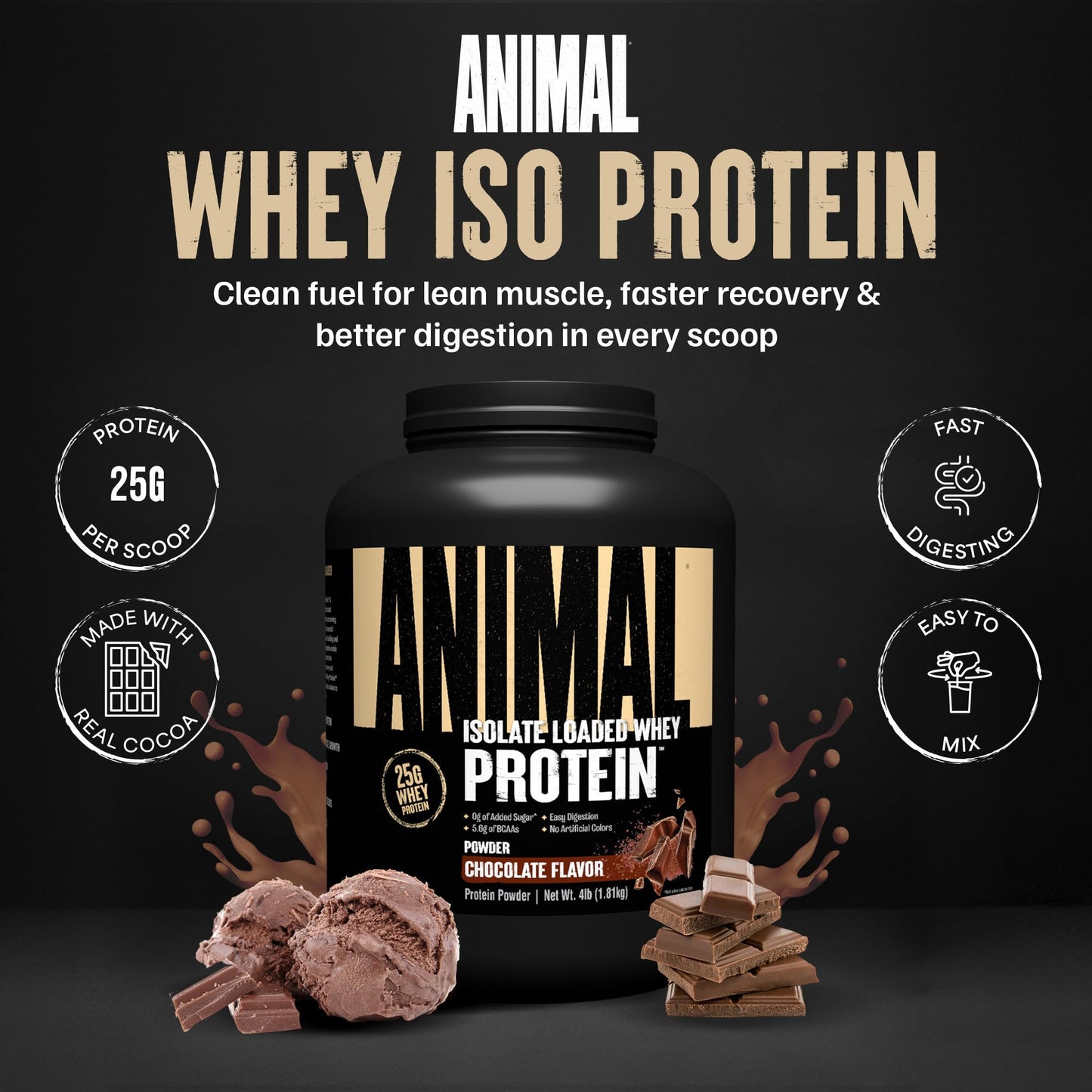 Animal Whey Isolate Protein Powder, Chocolate, 4 lb, 64 Servings