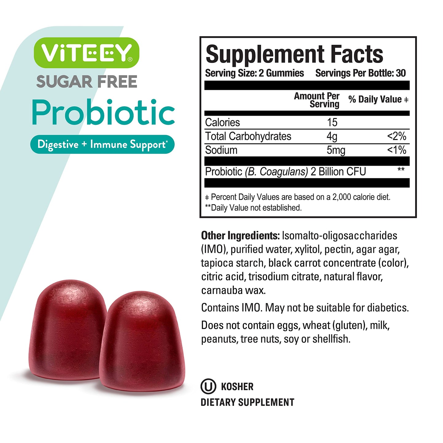 Viteey Probiotic Gummies for Women, Men & Teens, 2 Billion CFUs Sugar Free, Gummy, 120 Count