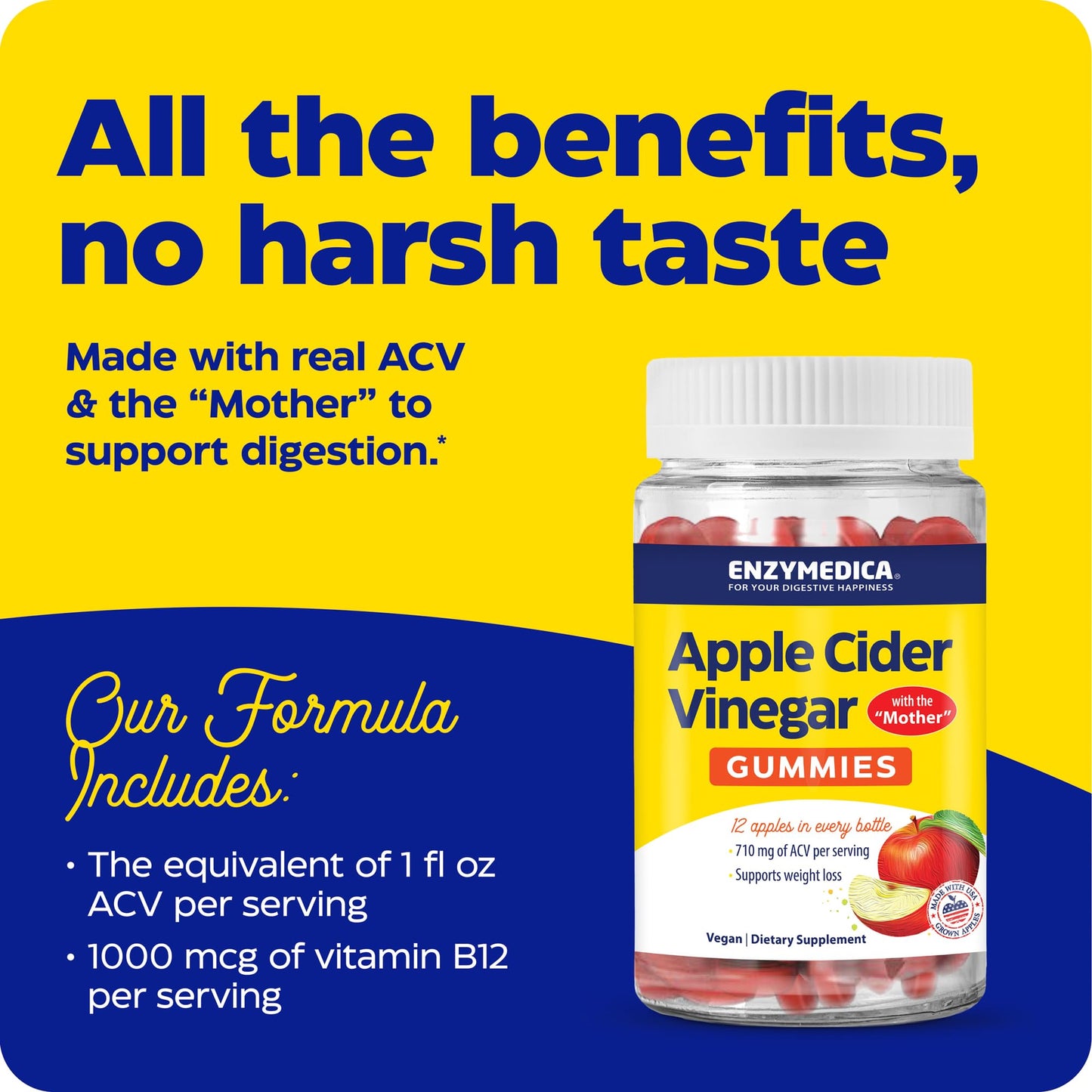 Enzymedica Apple Cider Vinegar Gummies with Mother, 1000 mcg Vitamin B12 & 710 mg ACV per Serving, Gut Health & Digestive Support, Vegan, 74 Count