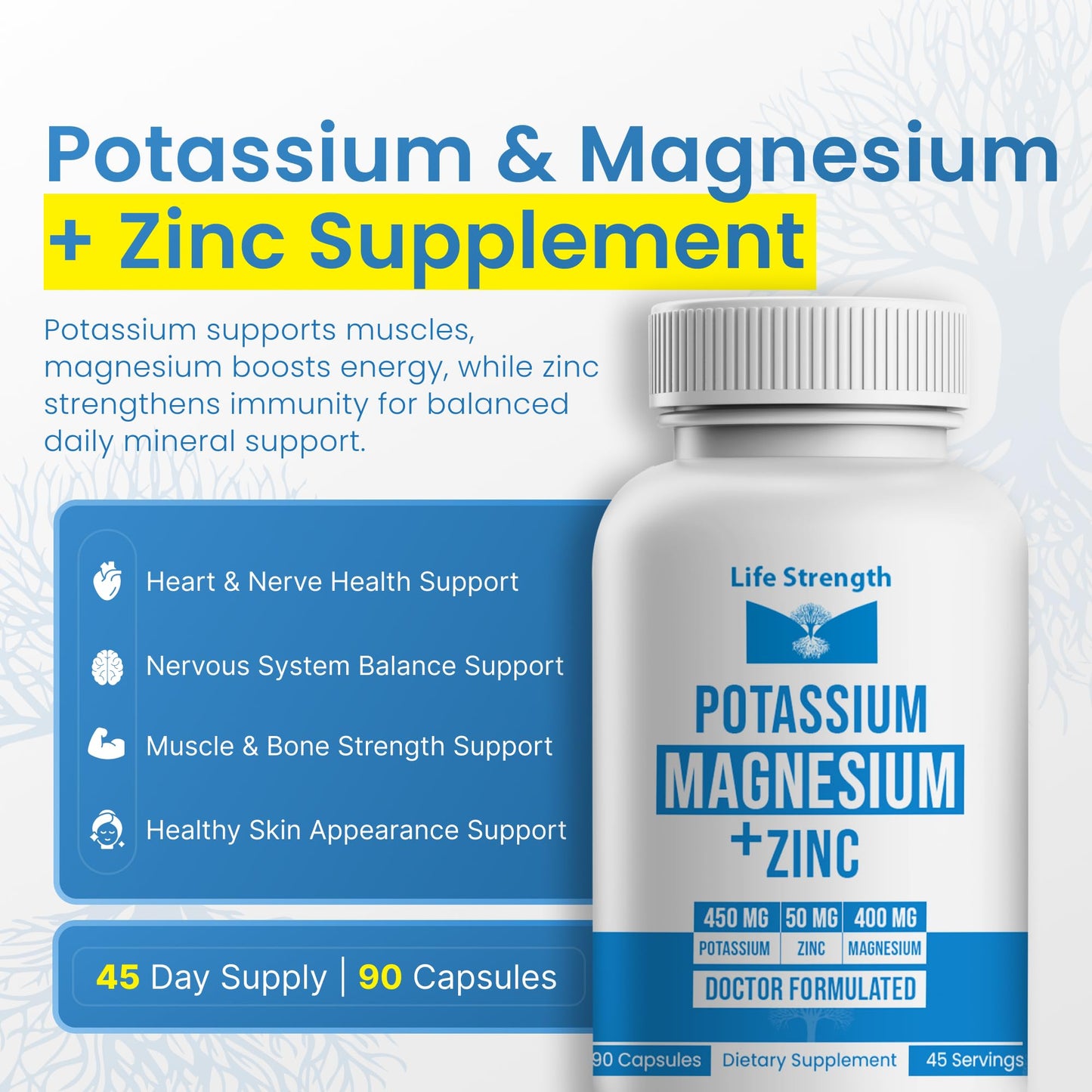 LifeStrength Magnesium Potassium Zinc Supplement Capsules 90 Count