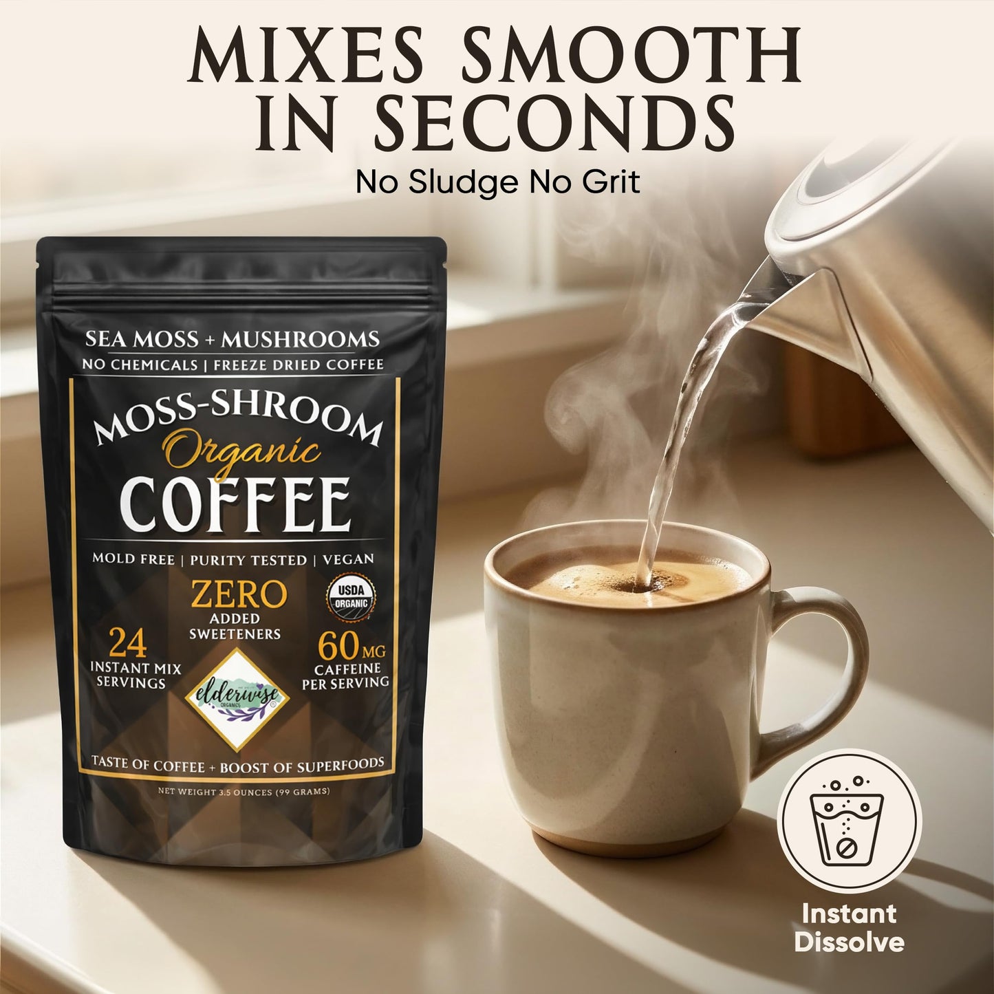 Elderwise Organics Made With Love Mushroom Coffee with Sea Moss Powder 3.5 Ounce