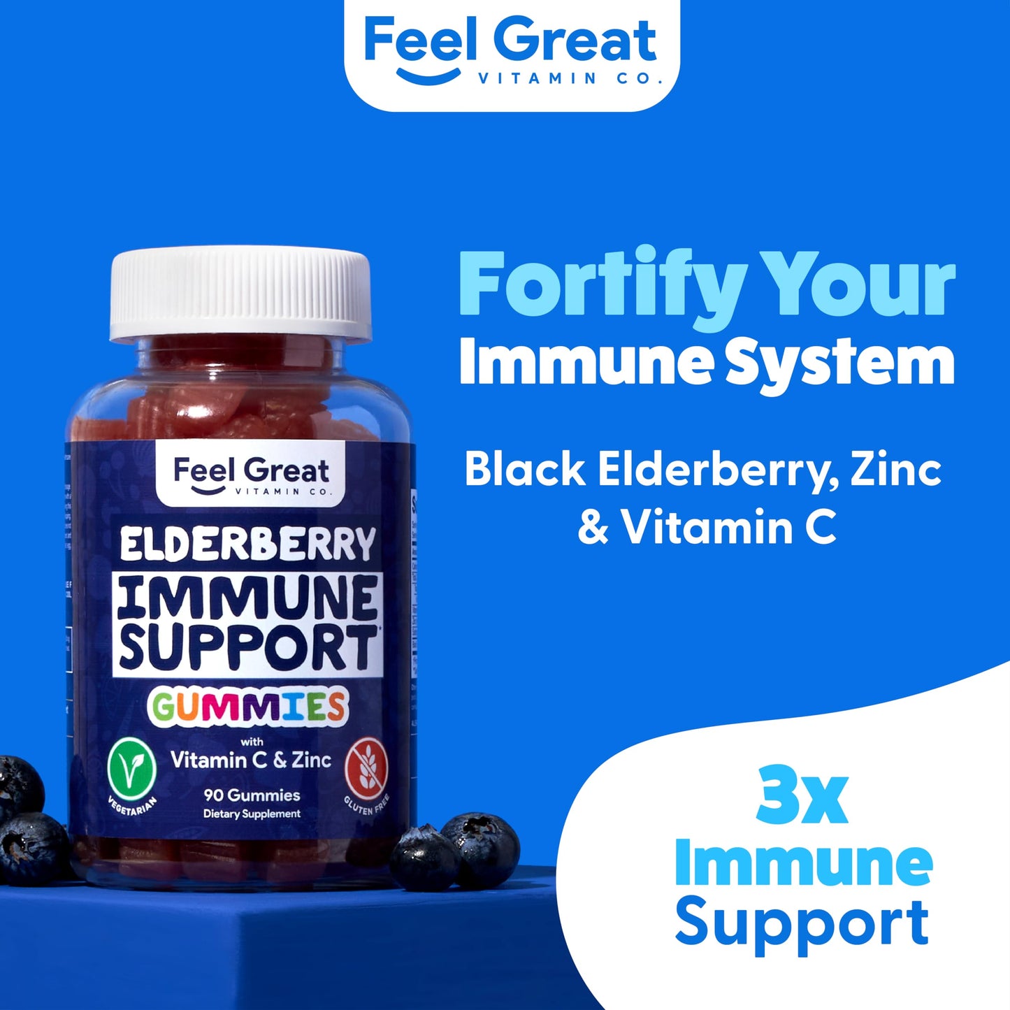 The Feel Great Vitamin Company Elderberry Gummies with Zinc & Vitamin C for Kids & Adults Immune Support Supplement Sambucus Elderberry Syrup Formula Antioxidant Support Gluten Free, 90 Gummies