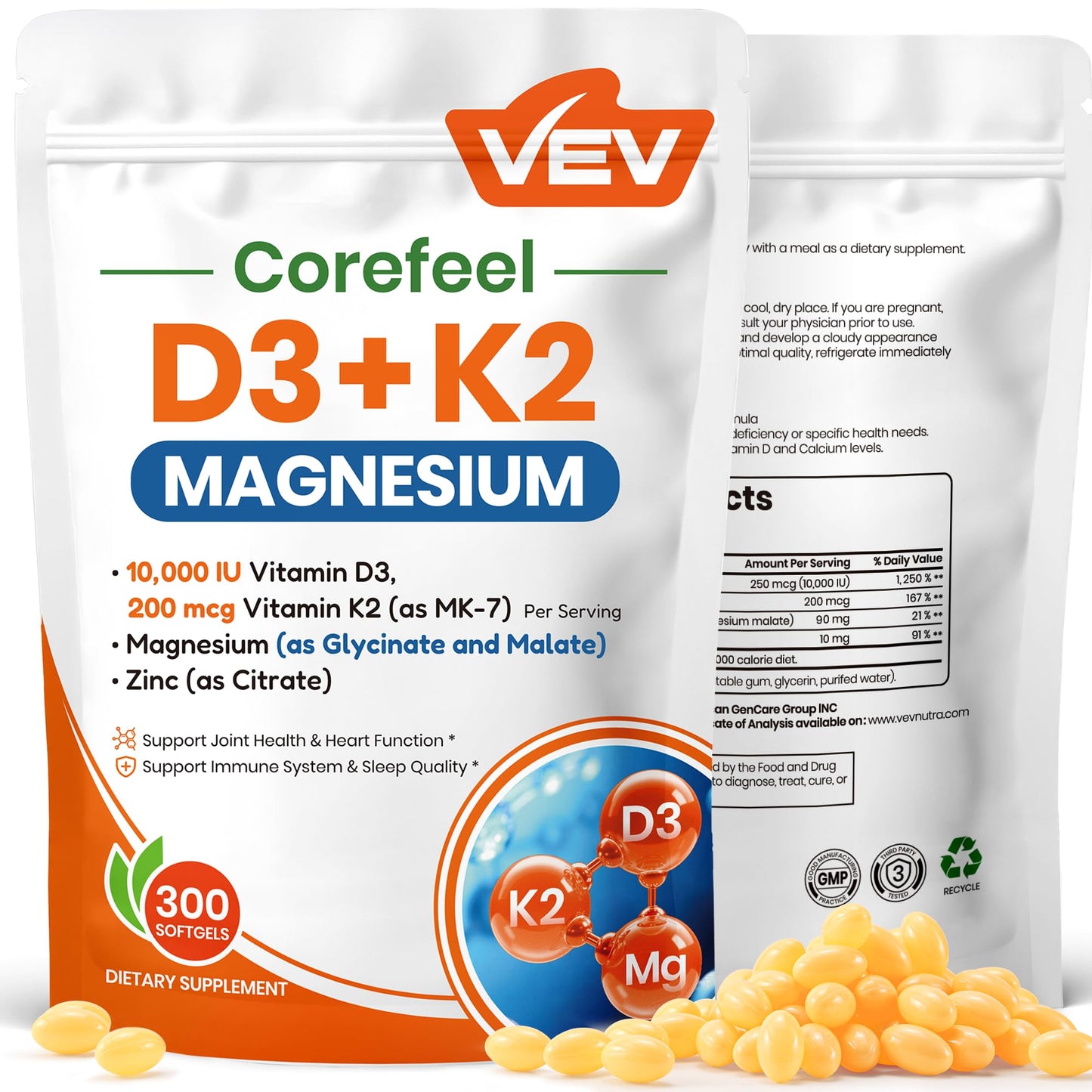 VEV Corefeel Vitamin D3 K2 10,000 IU Magnesium Supplement Softgels, 300