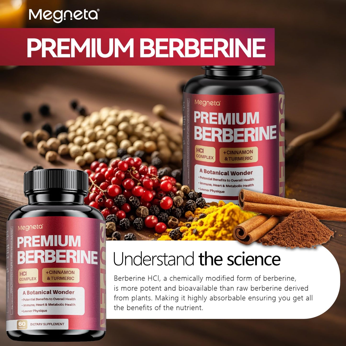 MEGNETA Berberine HCl Complex with Cinnamon & Turmeric, 60 Capsules
