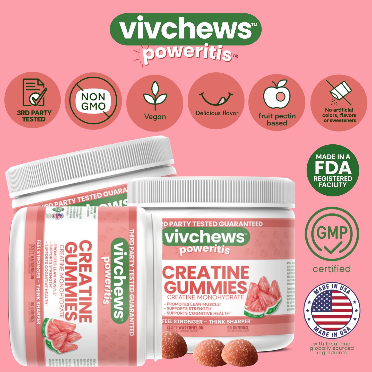 vivchews Creatine Gummies for Women – Creatine Monohydrate, Watermelon Flavor, 90 Count
