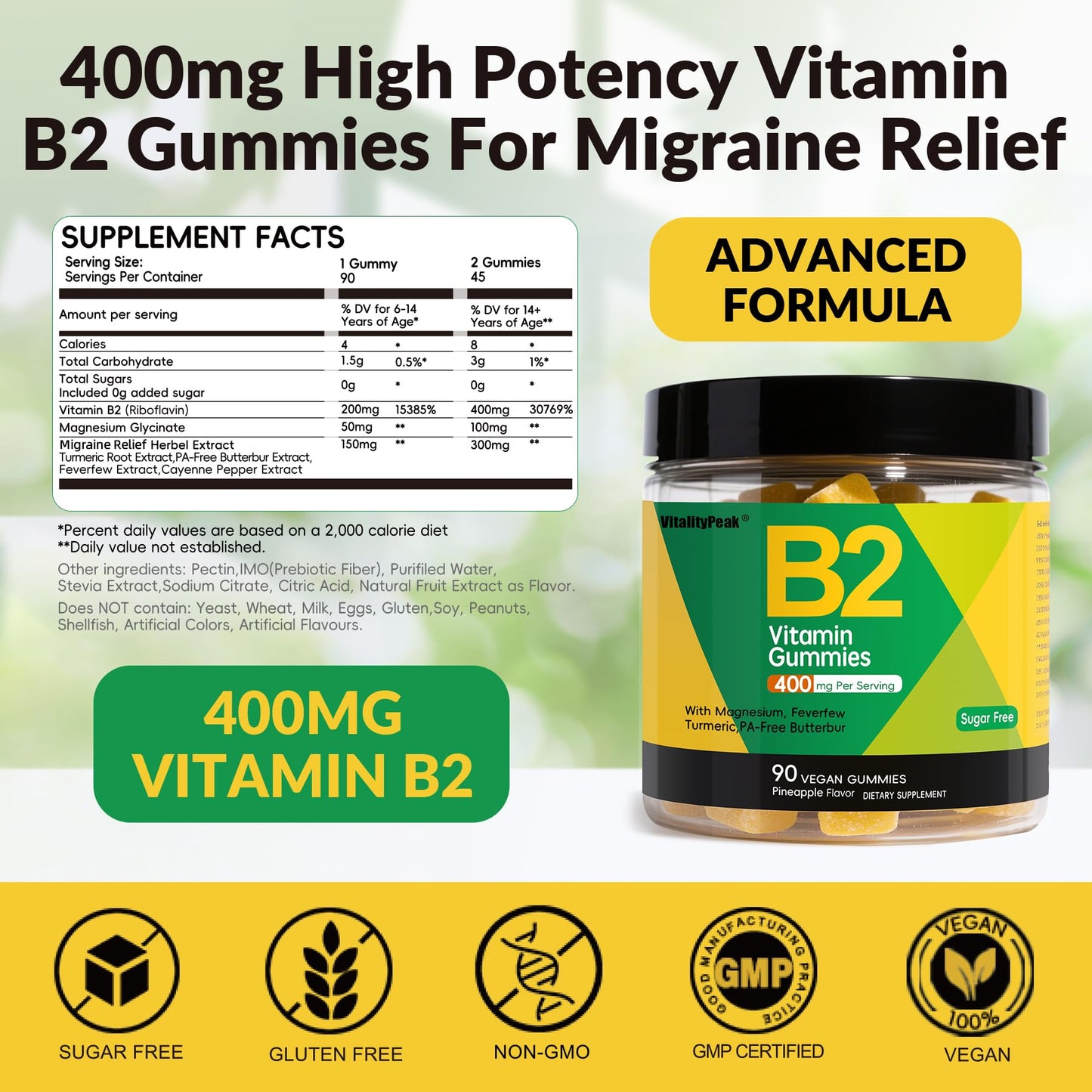 VitalityPeak Riboflavin Vitamin B2 Gummies 400mg, 90 Count
