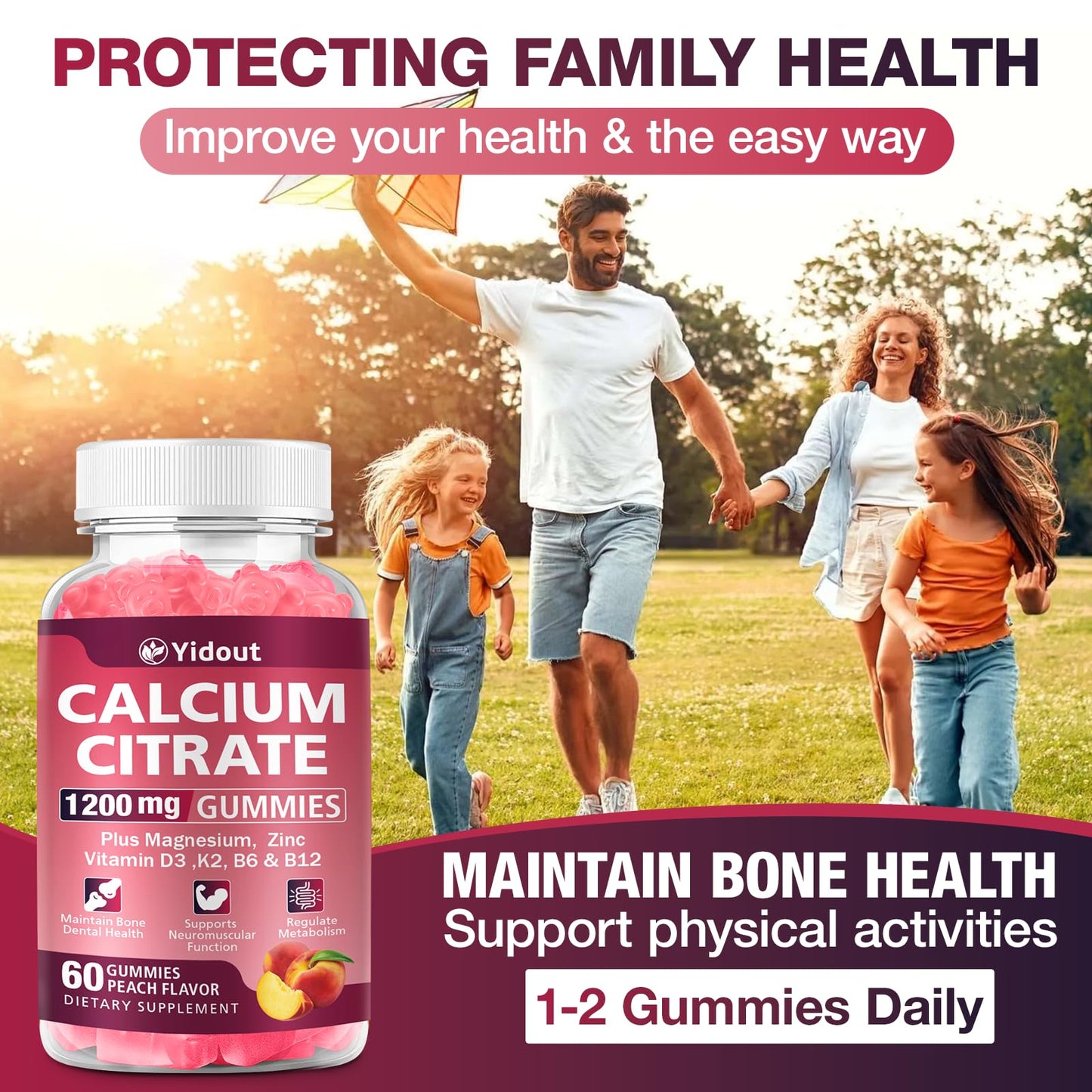 Yidout Calcium Citrate Gummies 1200mg, High Absorption Bone & Immune Support, Peach, 60 Count