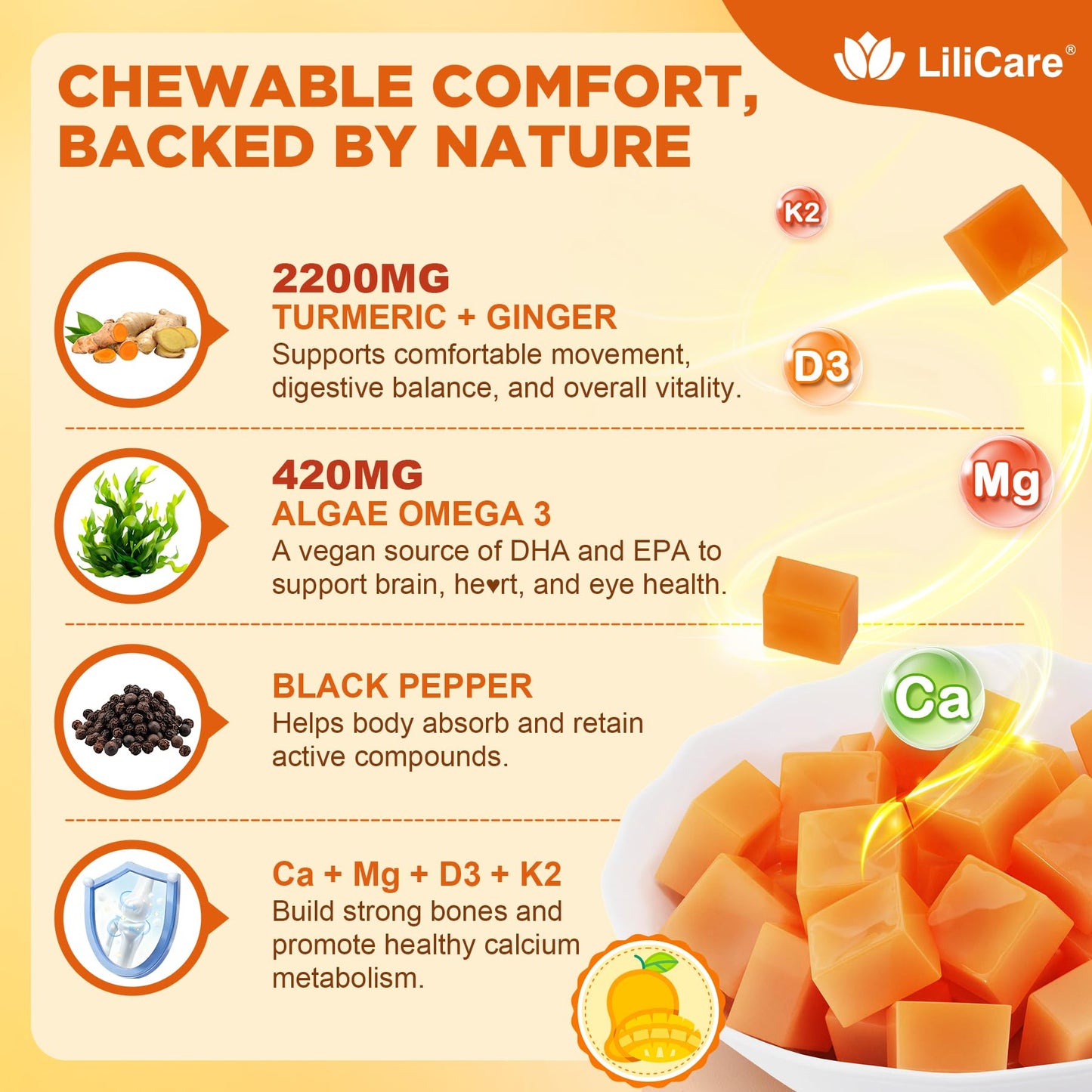 LILICARE Liposomal Turmeric and Ginger Supplement + Omega 3 Gummies Chews 60