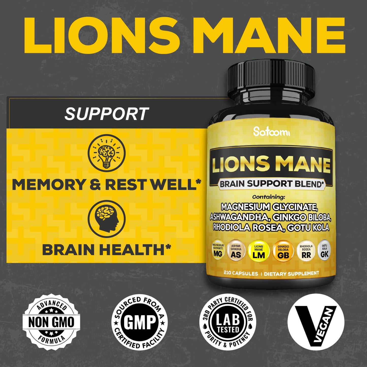 Satoomi Lions Mane Supplement Capsules with Magnesium, Ashwagandha, Ginkgo Biloba, Rhodiola Rosea and Gotu Kola - 210 Vegan Capsules