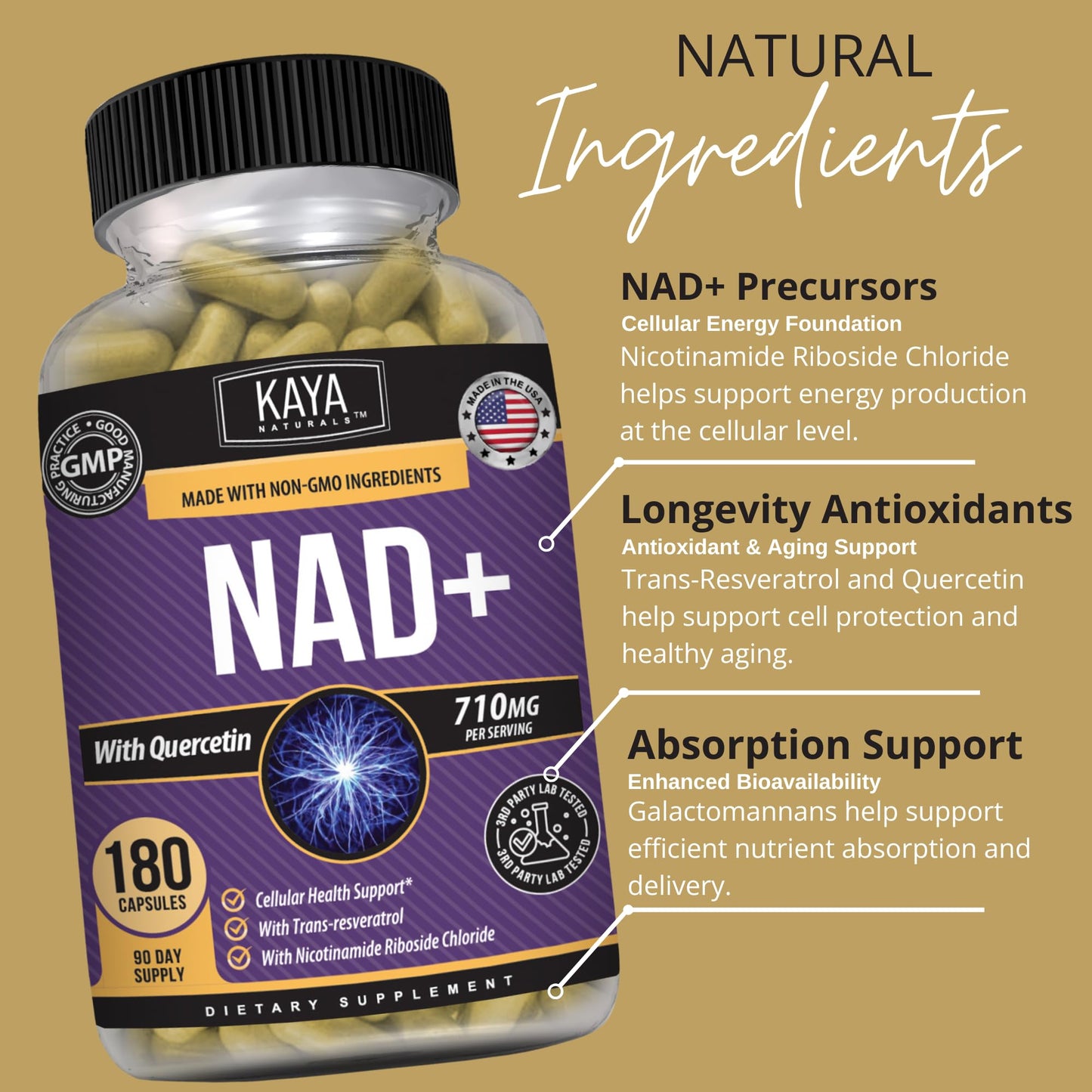 Kaya Naturals NAD+ with Trans-Resveratrol 710mg per Serving Capsule, 180 Count