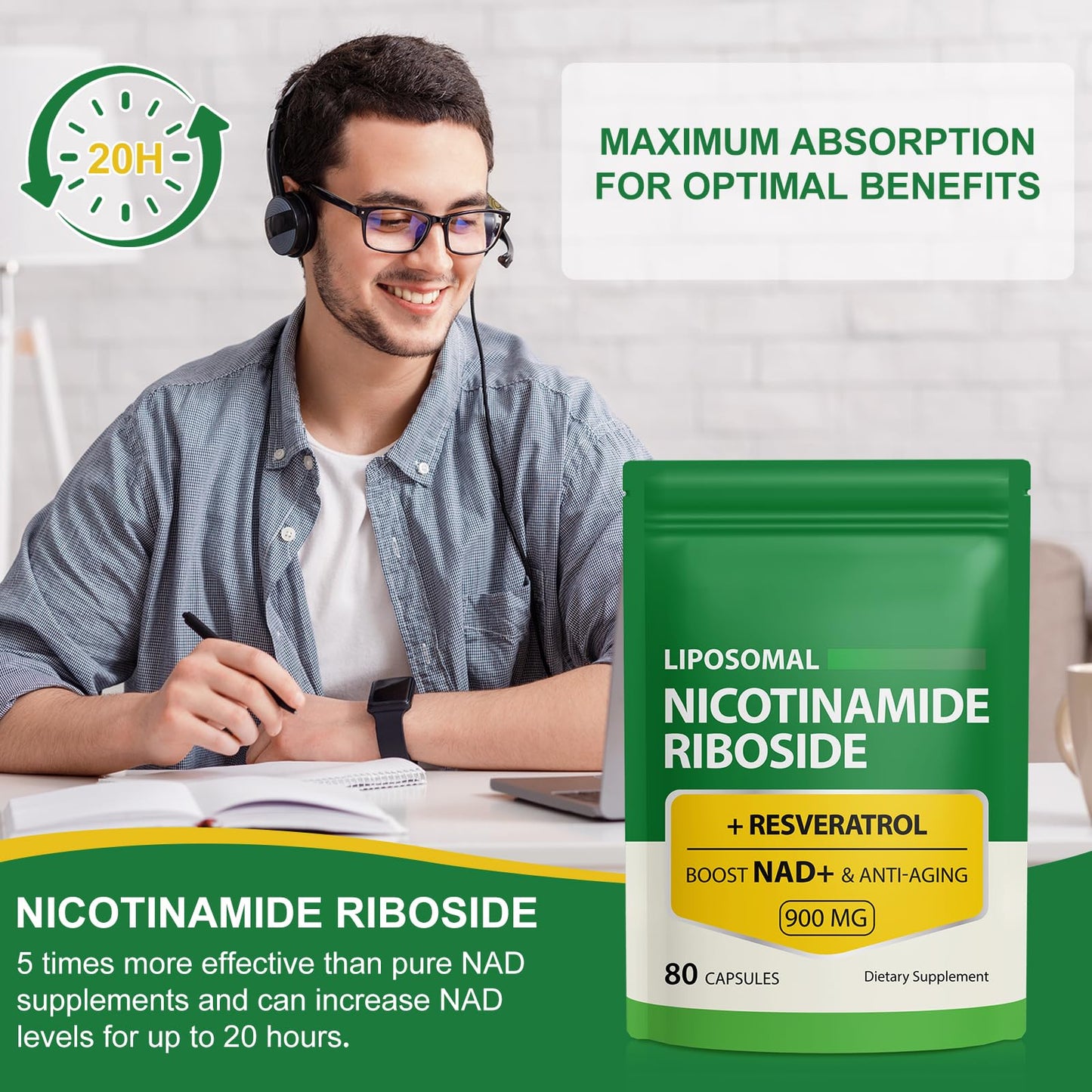 Ruduwu NAD Supplement with Nicotinamide Riboside - Resveratrol, Liposomal Nicotinamide Riboside, Quercetin - High Purity NAD Supplement for Anti-Aging, Focus, Energy, 2 Bags, 160 Capsules