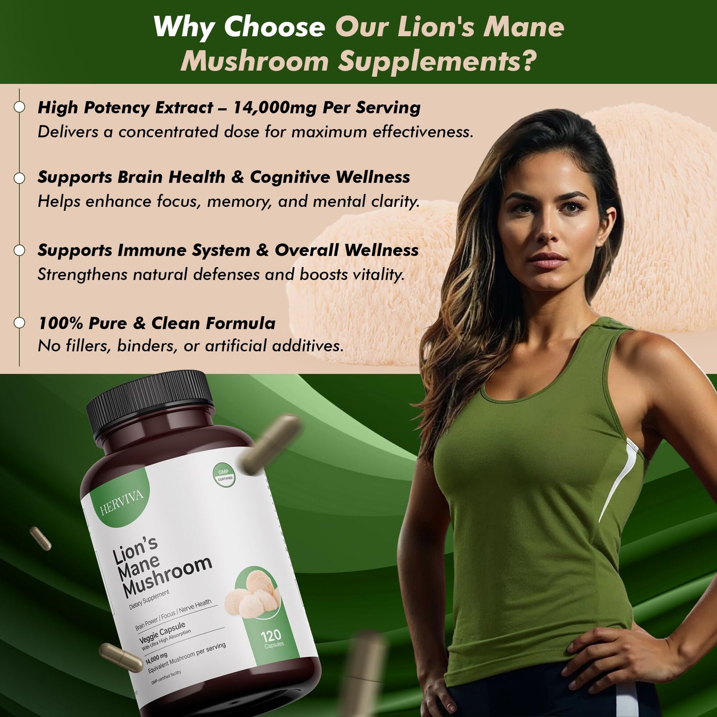 HERVIVA Lions Mane Mushroom Supplement 120 Capsules