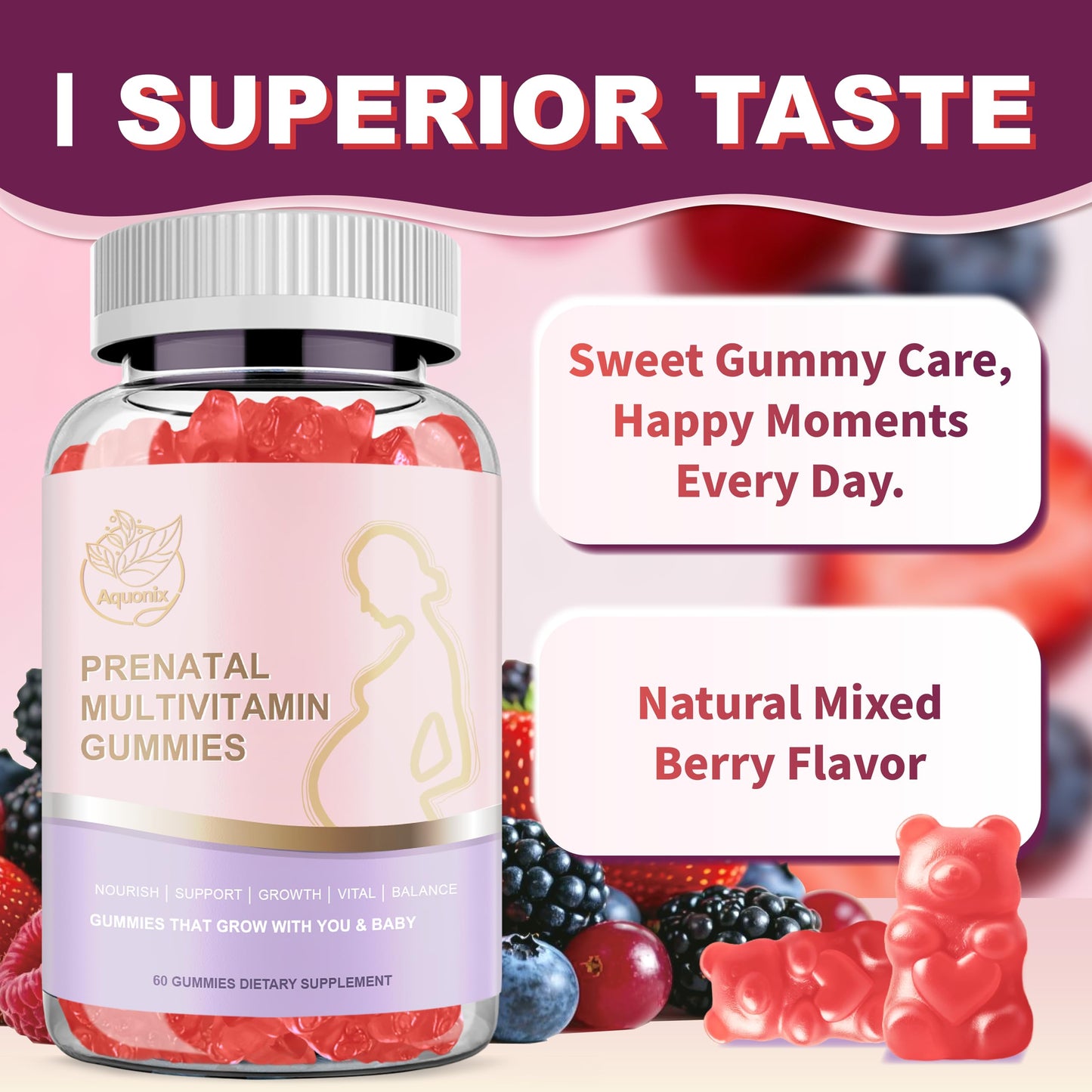 AQUONIX Prenatal Multivitamin Gummies for Women, 60 Gummies