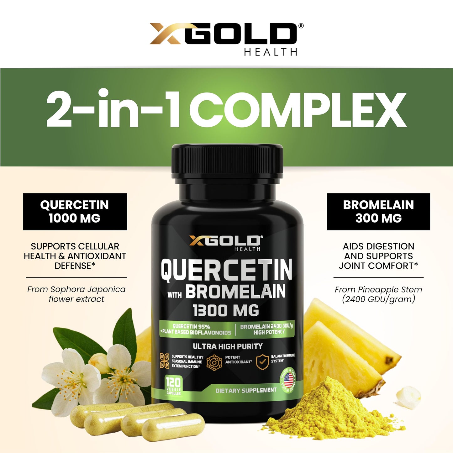 X Gold Health Quercetin + Bromelain 1,300mg, 95% Quercetin, Highly Purified & Highly Bioavailable Plus Bromelain 2,400 GDU/g Made in USA, 120 Capsules