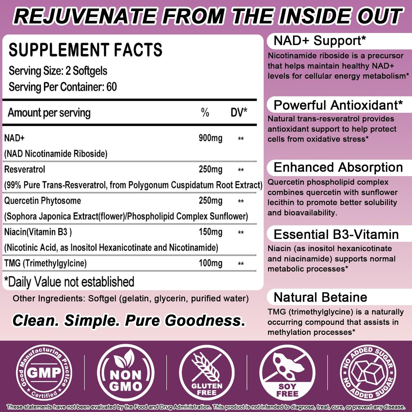 WellVeraVida NAD+ Supplement for Women, Liposomal Nad Plus Resveratrol, NMN Alternative Softgel 120 Count