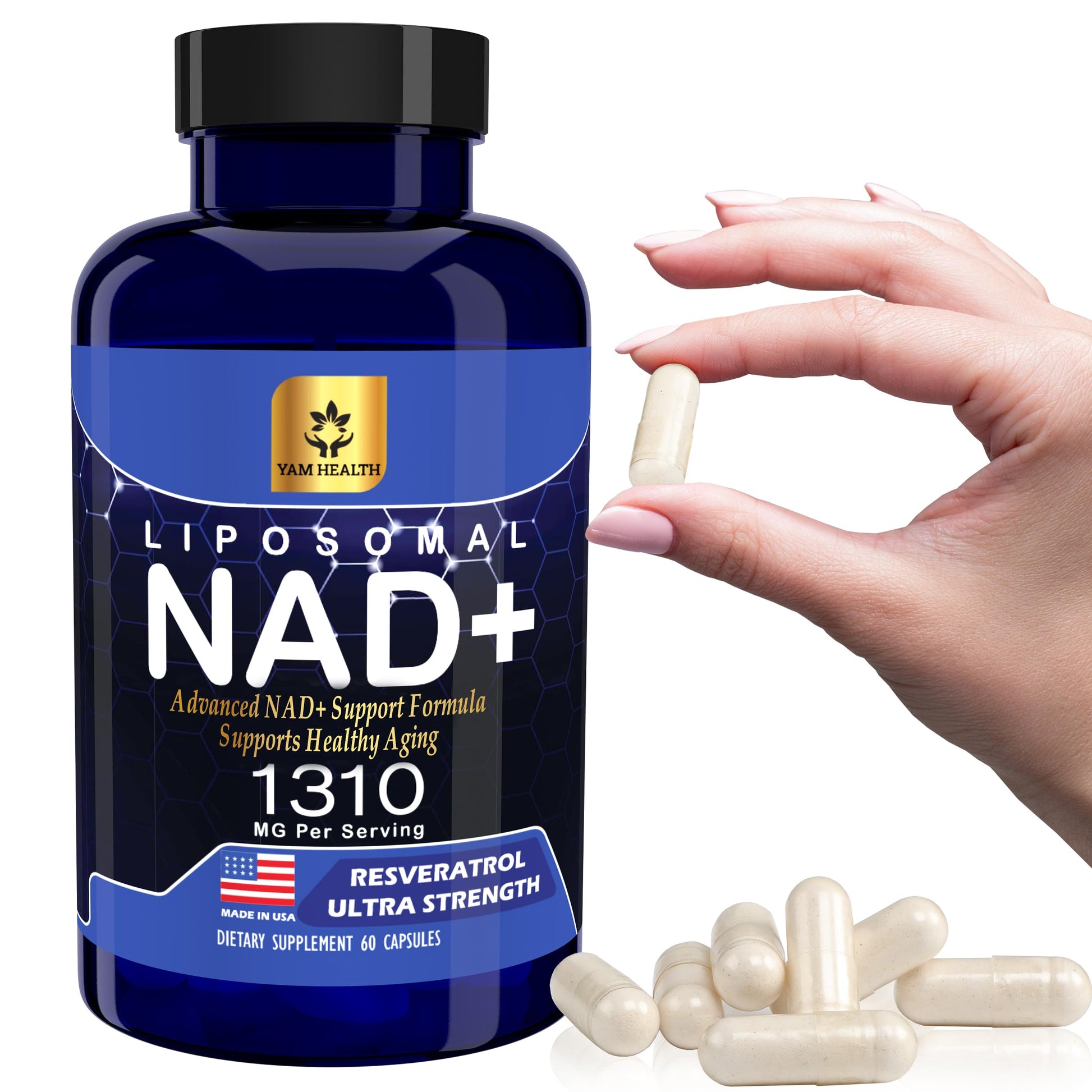 YAM Health Liposomal NAD+ 1310mg with Resveratrol & Niacin (Vitamin B3) Capsules, 60 Count