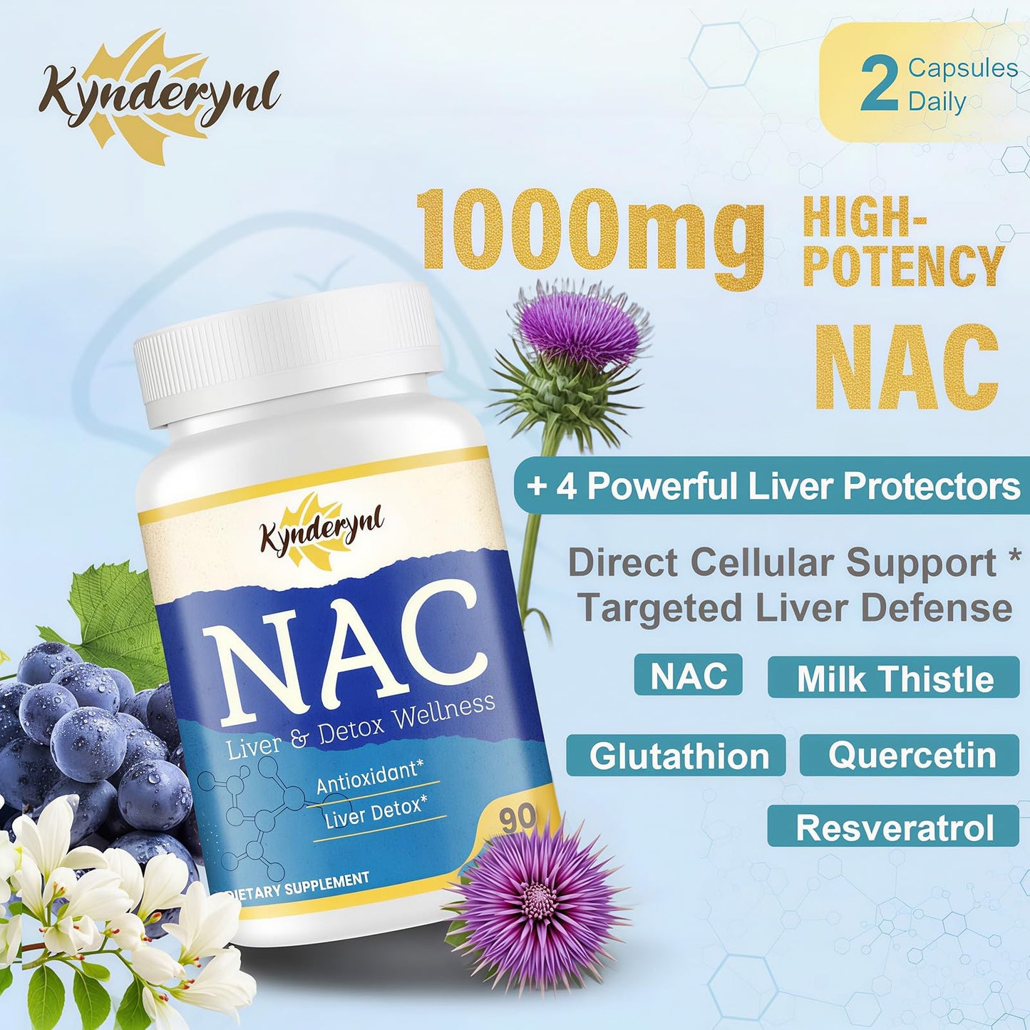 Kynderynl N-Acetyl Cysteine 1000mg Capsules with Milk Thistle & Glutathione, 45-Count