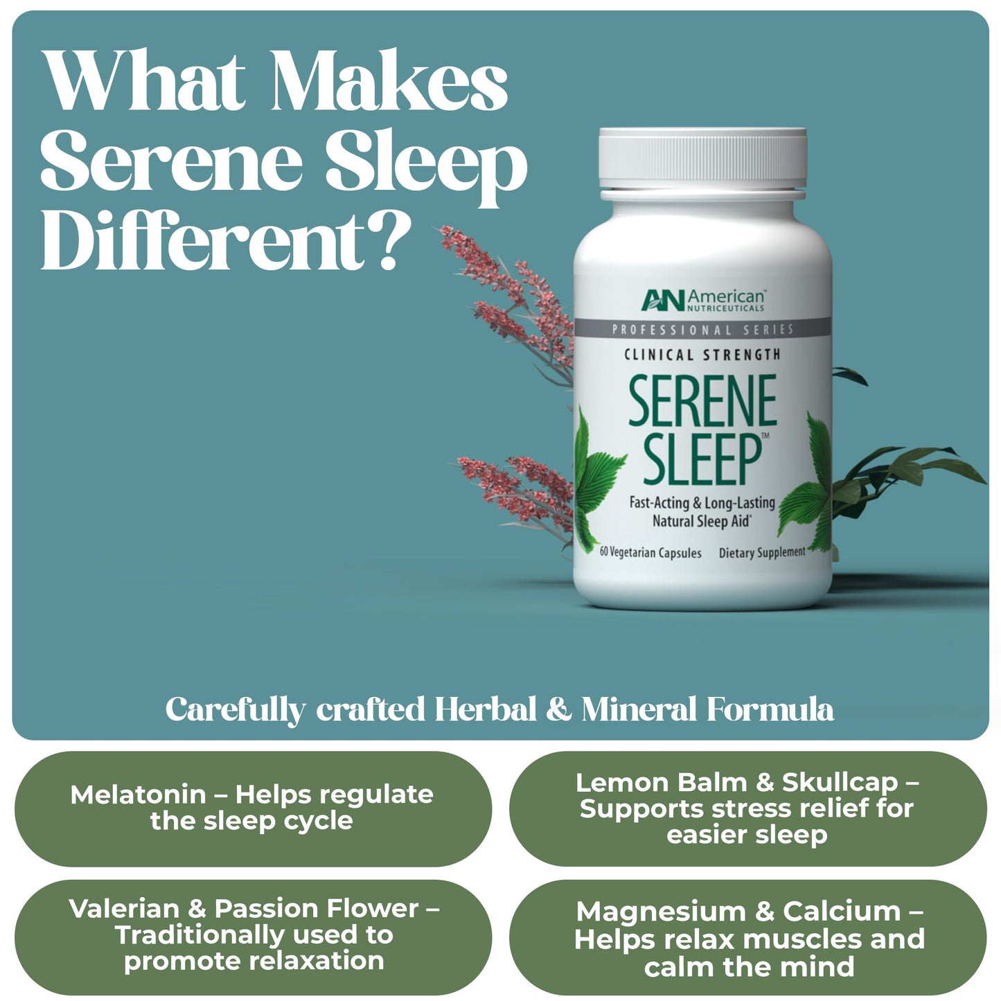 American Nutriceuticals Serene Sleep Aid with Melatonin & Magnesium Capsules, 60 Count