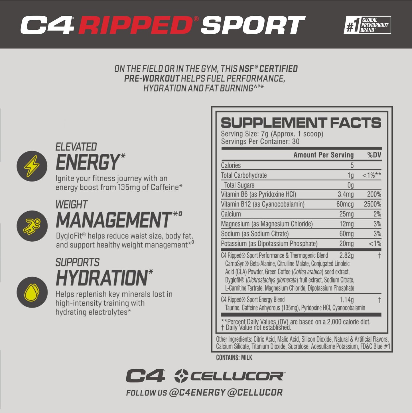 C4 Ripped Sport Pre Workout Powder Arctic Snow Cone, 7.4 oz, 30 Servings