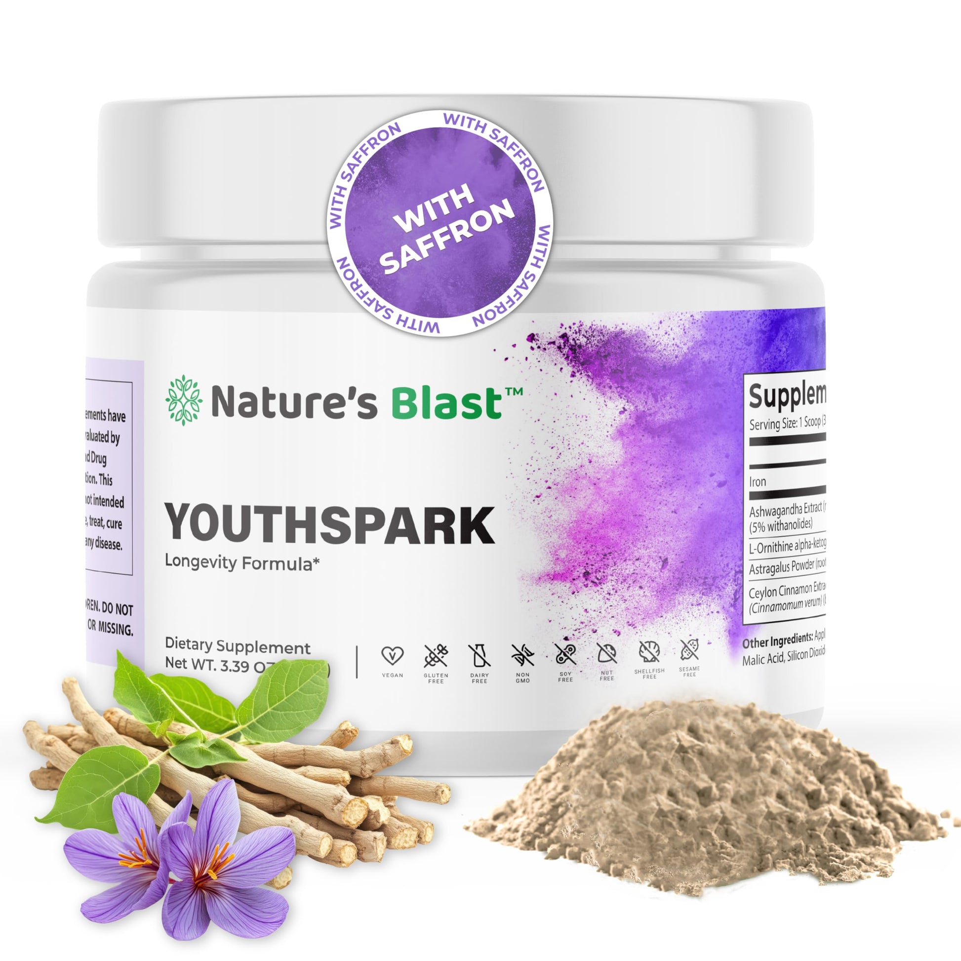 NATURES BLAST YouthSpark Longevity Supplement with Ashwagandha Root Extract (600mg), Astragalus & Cinnamon Powder, 3.39 oz