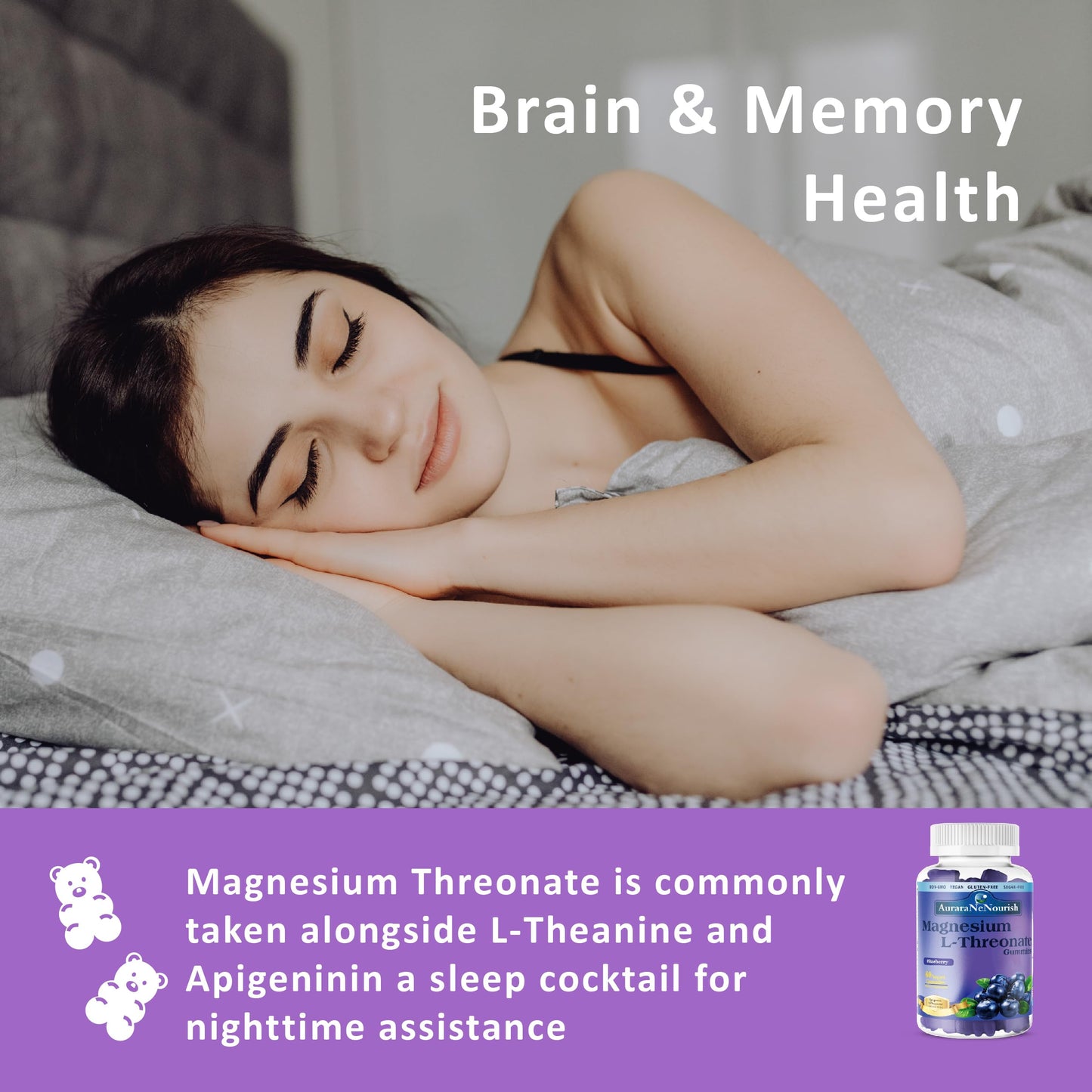 AuraraNeNourish Magnesium L-Threonate Gummies with Apigenin L-Theanine, 60 Count
