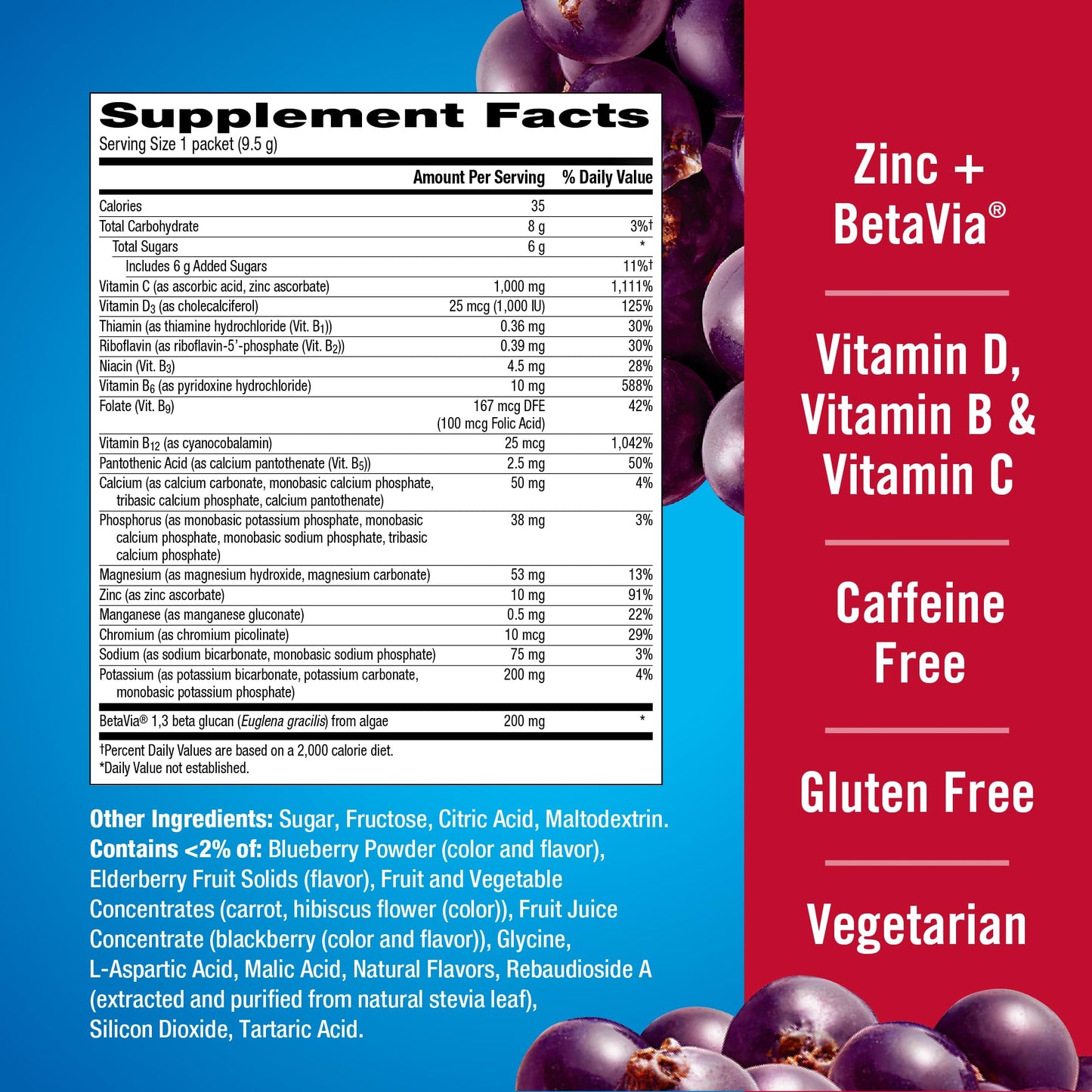 Emergen-C Immune+ Triple Action Immune Support Powder, Elderberry, 18 Count