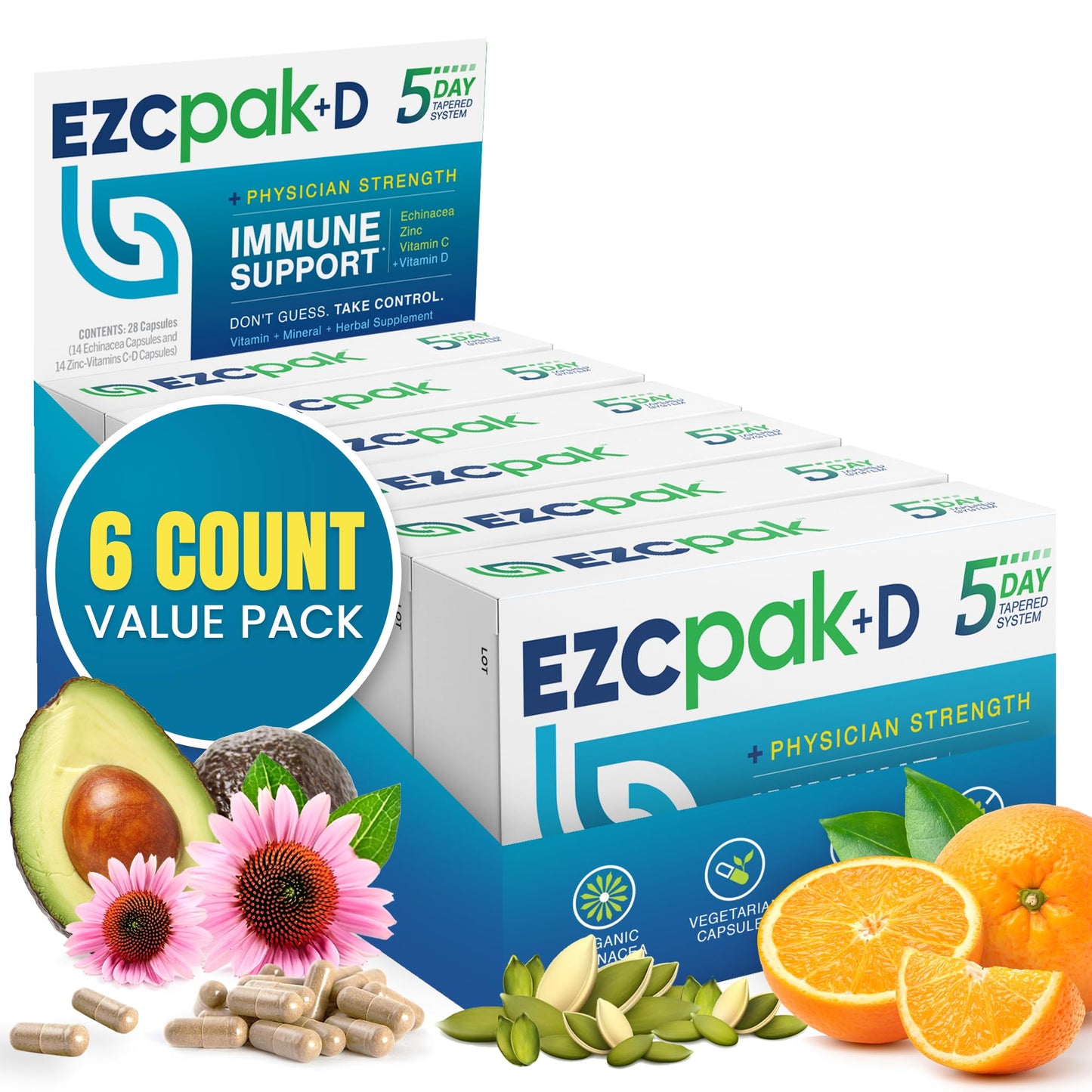 EZC Pak 5-Day Immune System Booster Echinacea Vitamin C & D Zinc, 6 Capsules