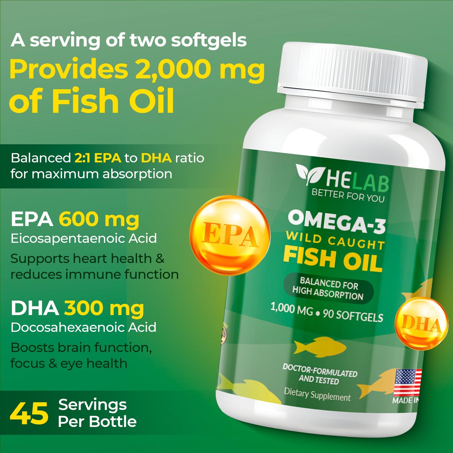 HELAB Omega-3 Fish Oil Softgels, 90 Count