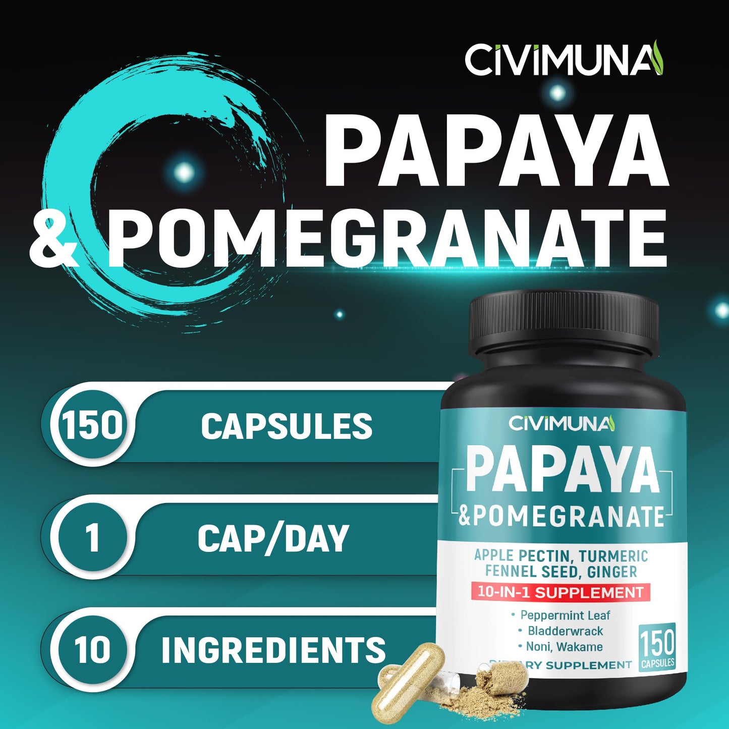 CIVIMUNA Papaya Capsules with Papaya, Pomegranate, Apple Pectin and More, 150 Capsules