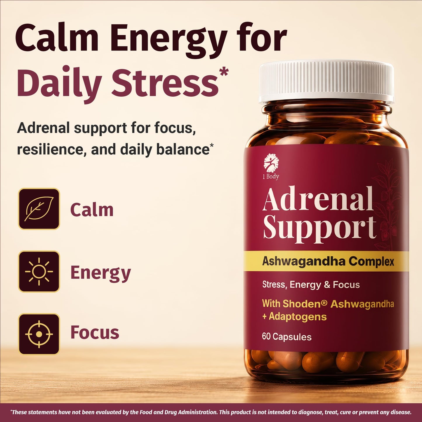 1 Body Adrenal Support Complex with Ashwagandha & Adaptogens, 60 Capsules